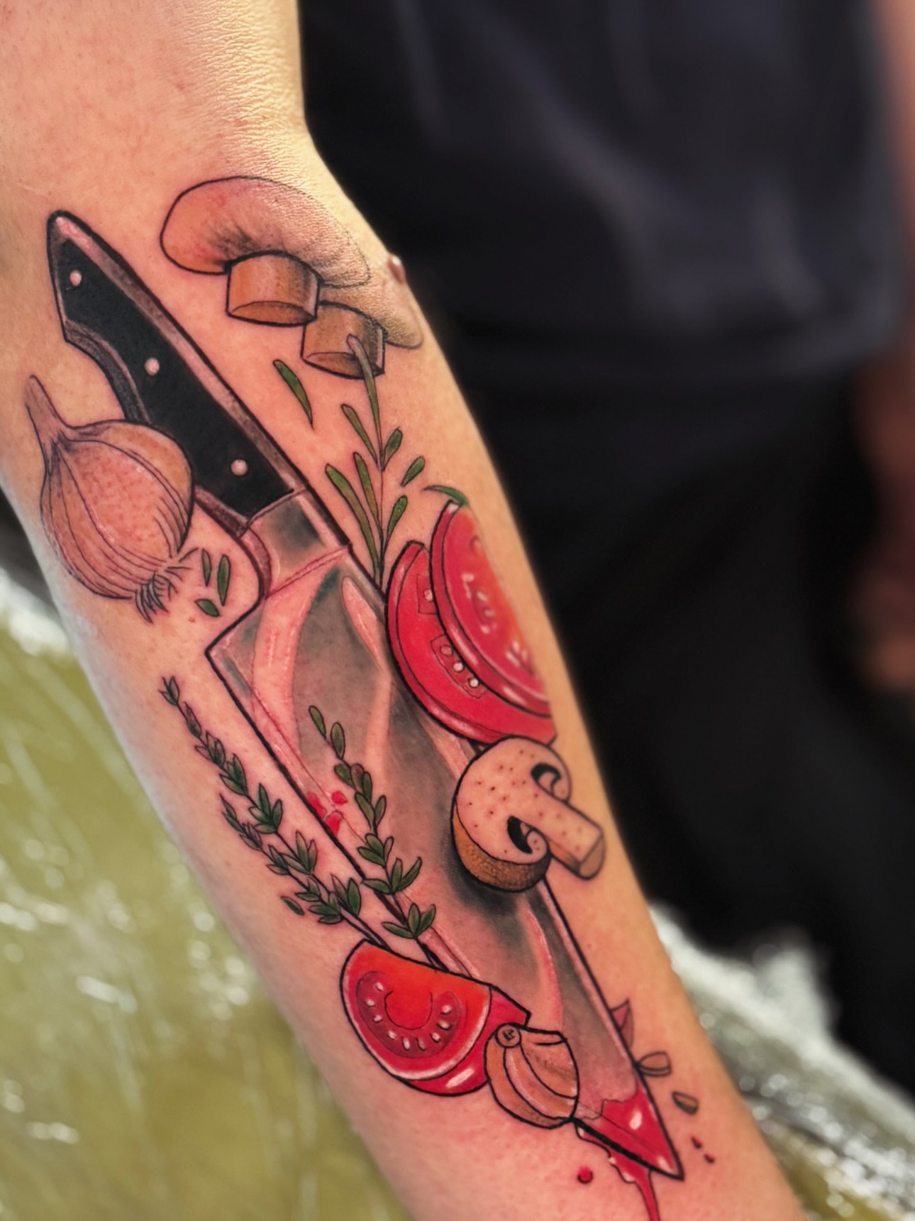 Knife and vegetables American traditional tattoo on the forearm by Miguel Garcia