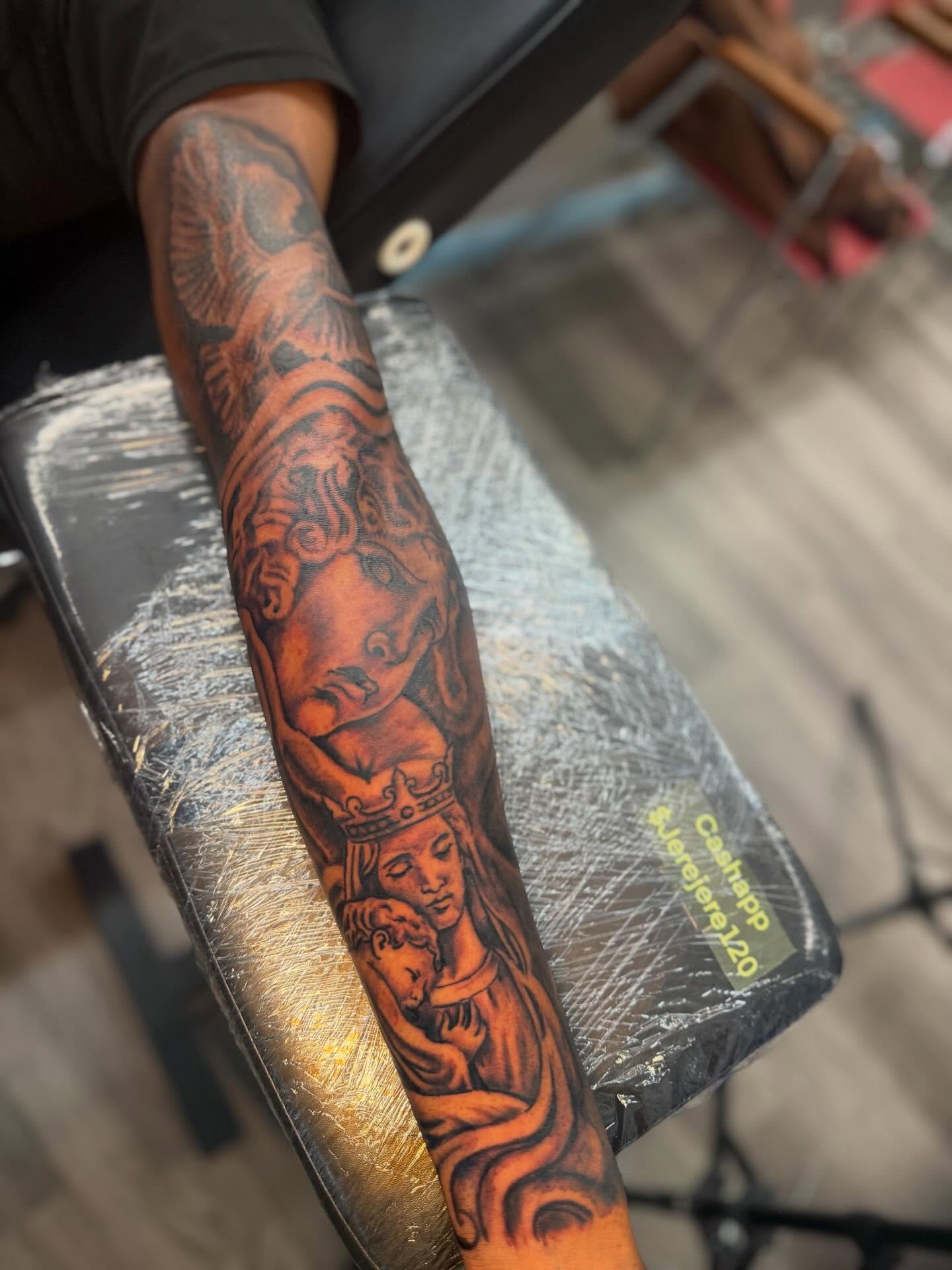 Religious iconography realism tattoo on the forearm by JAE, Shreveport, Louisiana