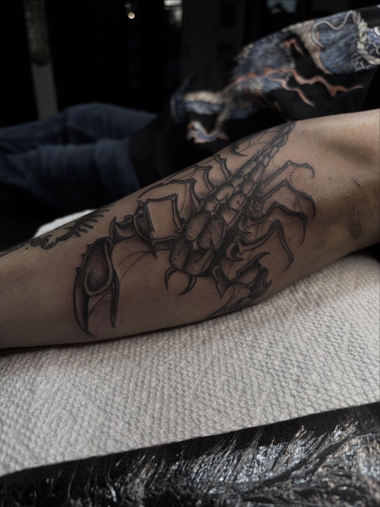 Scorpion black and grey tattoo on the forearm by suzie