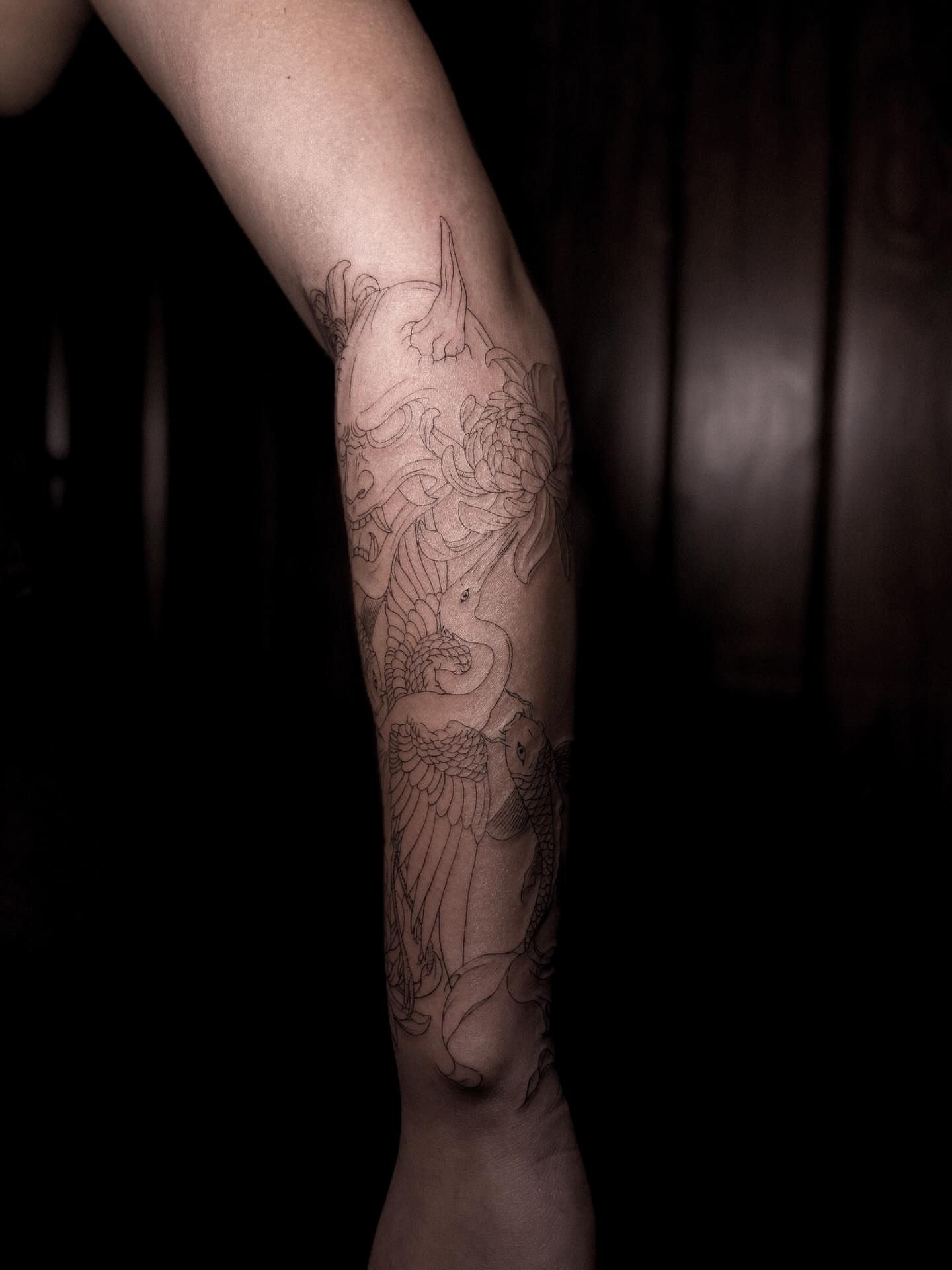 Dragon and chrysanthemum japanese irezumi tattoo on the forearm by ๐๐, Tacoma, Washington