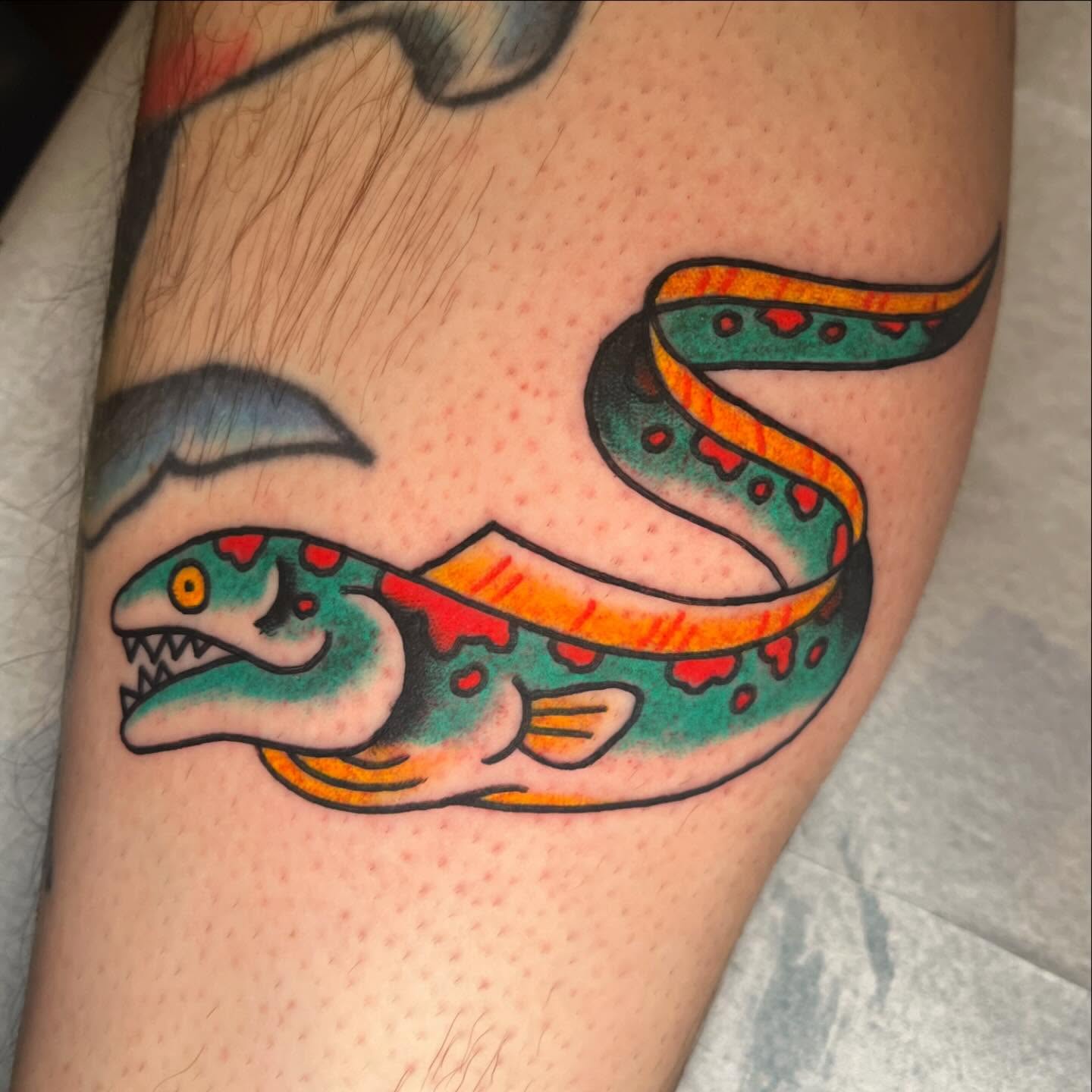 Fish snake hybrid American traditional tattoo on the forearm by CJ Ligocki - Ferndale Detroit Michigan Tattoo, Ferndale, Michigan