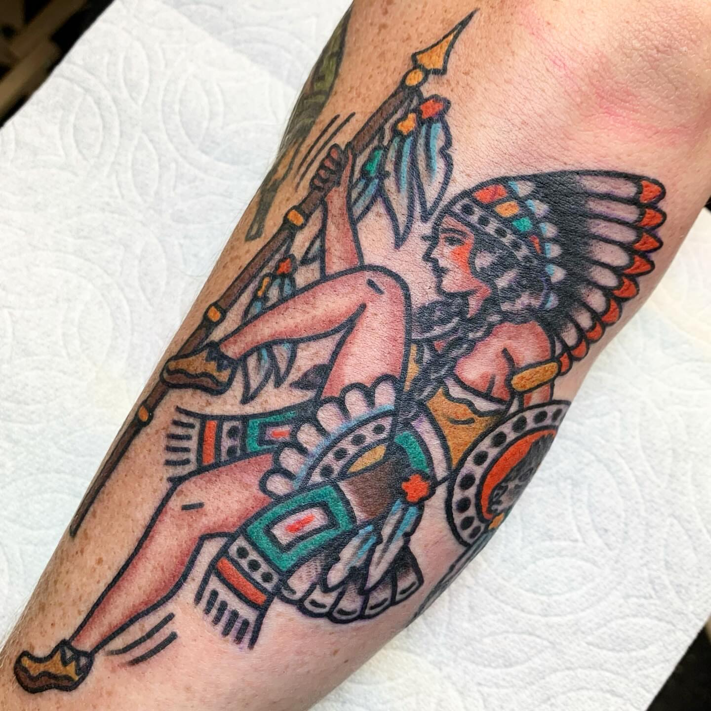 Ancient warrior American traditional tattoo on the forearm by Los Angeles Tattoo Artist
