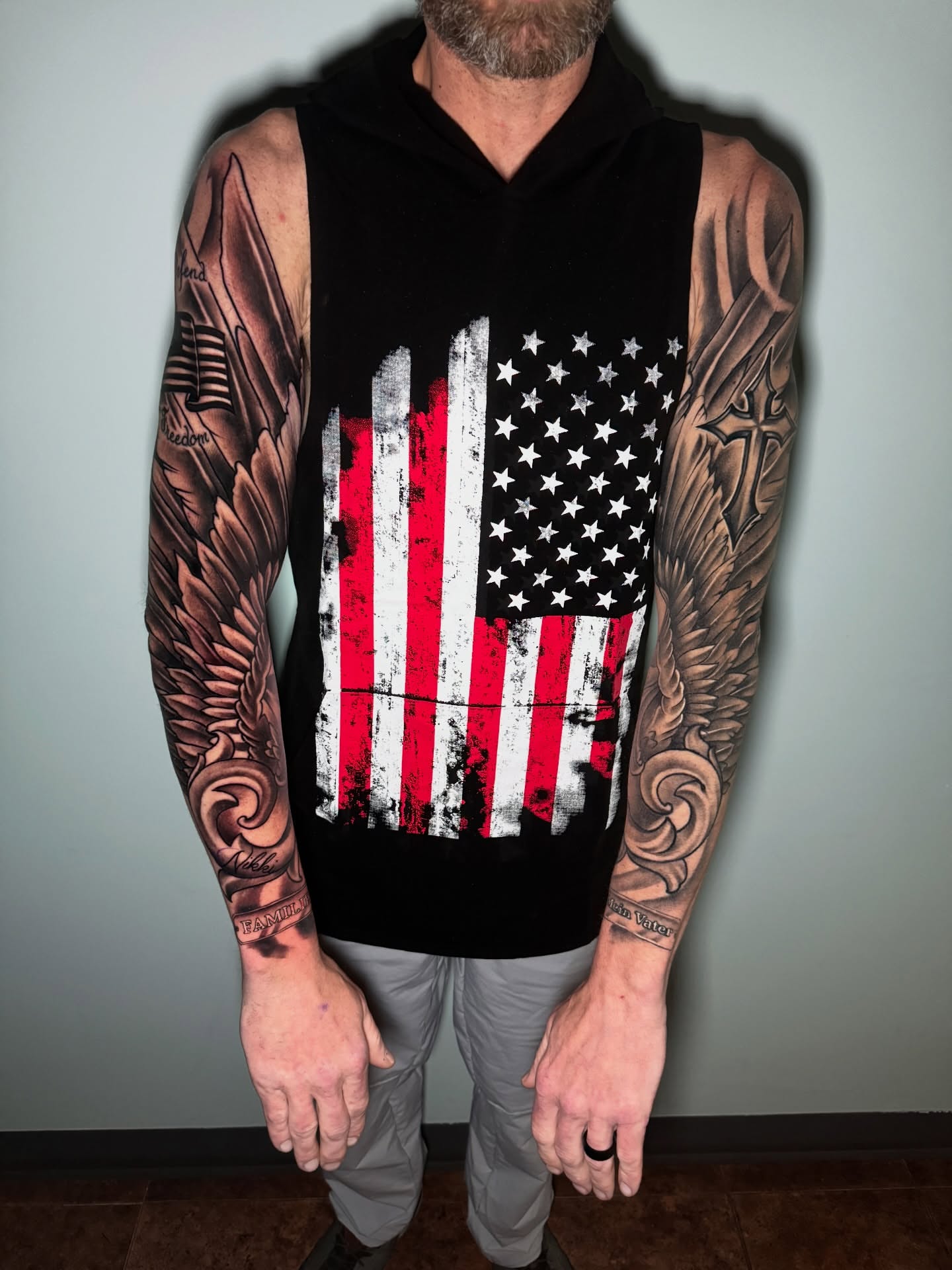 American flag American traditional tattoo on the torso by Shane Fowler, Massillon, Ohio