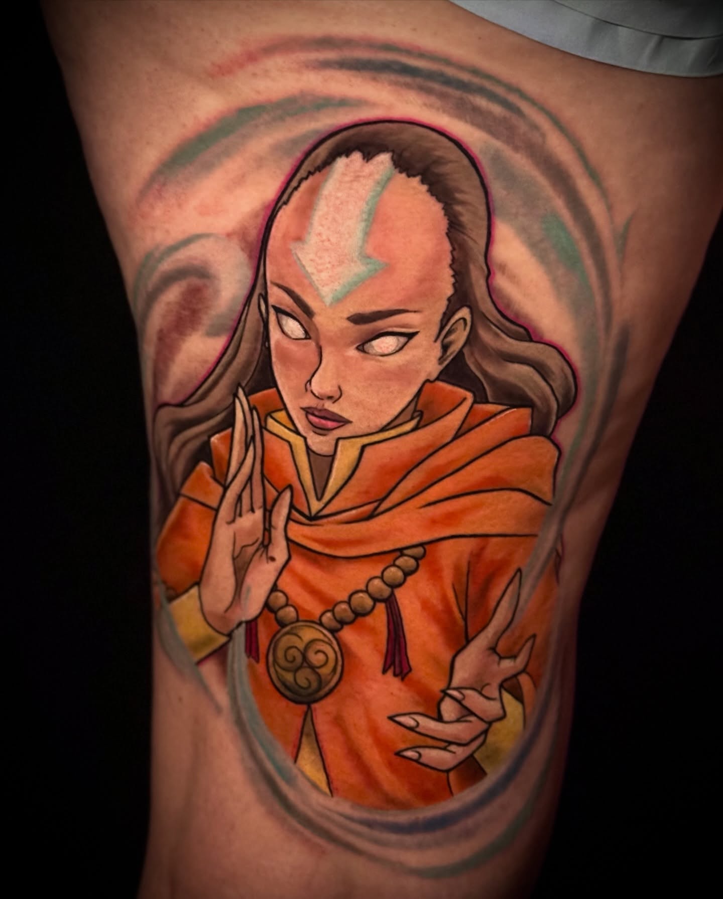 Avatar anime tattoo on the thigh by Cheyenne Ciera Goulish, Warren, Ohio
