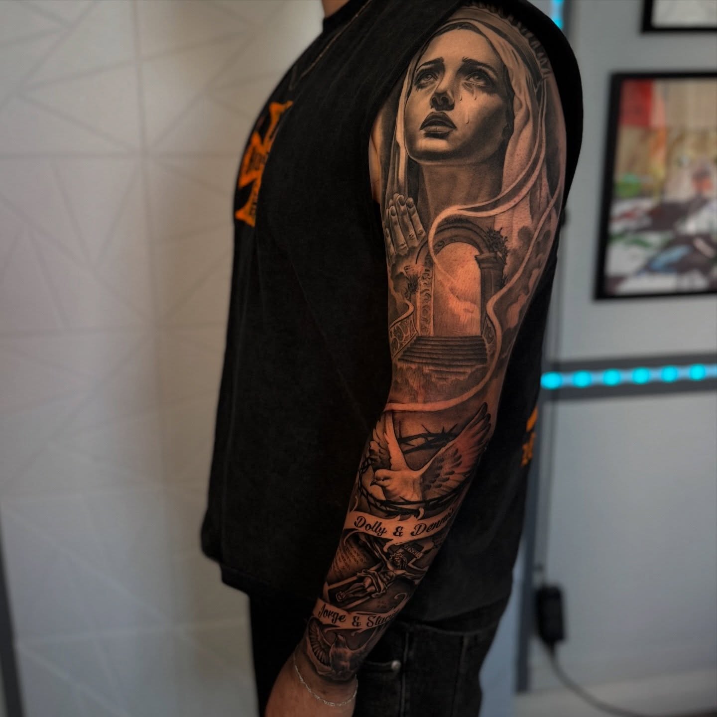 Woman with architectural elements realism tattoo on the forearm by Isiah Hall, Whittier, California
