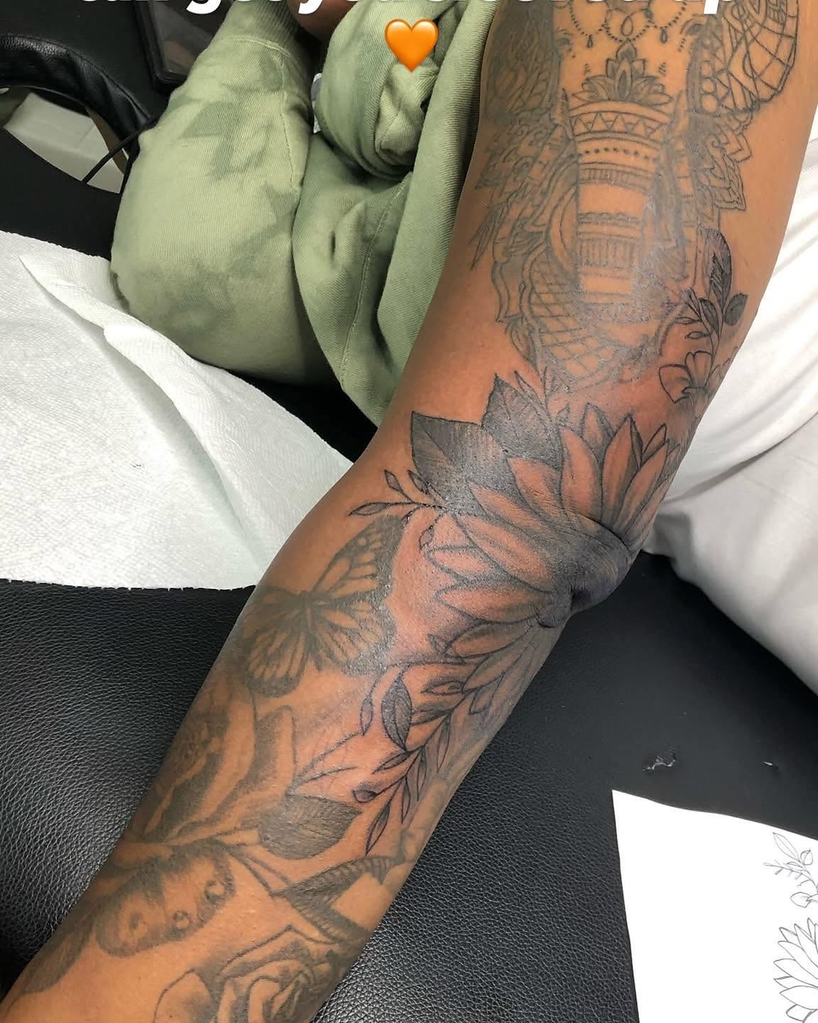 Floral and architectural black and grey tattoo on the forearm by LaSwanda SheInks Hickey, Warner Robins, Georgia