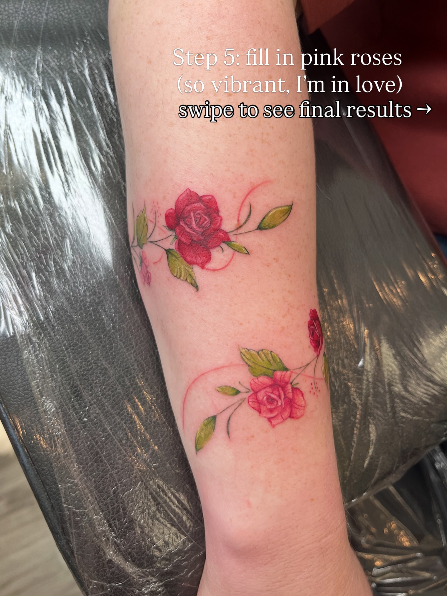 Pink roses watercolor tattoo on the forearm by kt