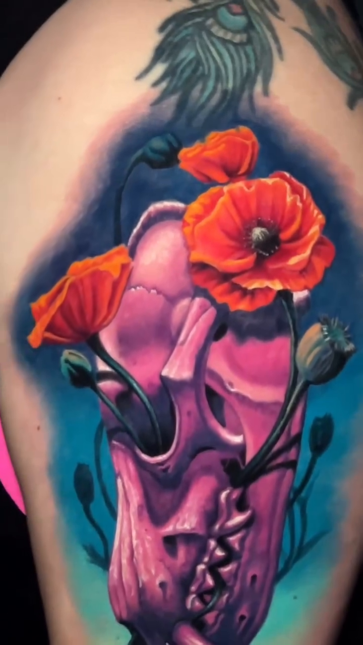 Animal skull with poppies realism tattoo by Sean Foy