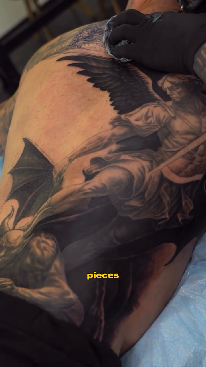 Angel and demon battle dark realism tattoo by Andrew Wine🍷Tattoo