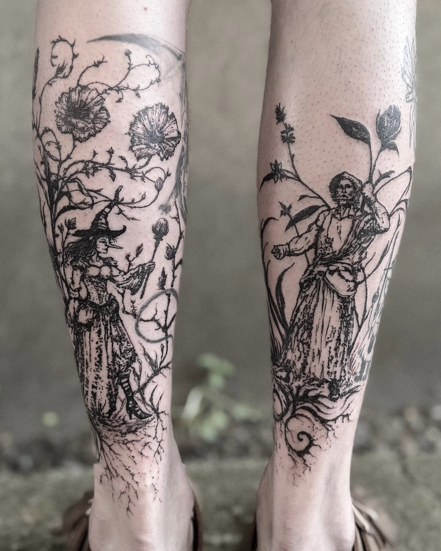 Witch and man black and grey tattoo on the calf by ąʑཞąıą ཞąıŋ