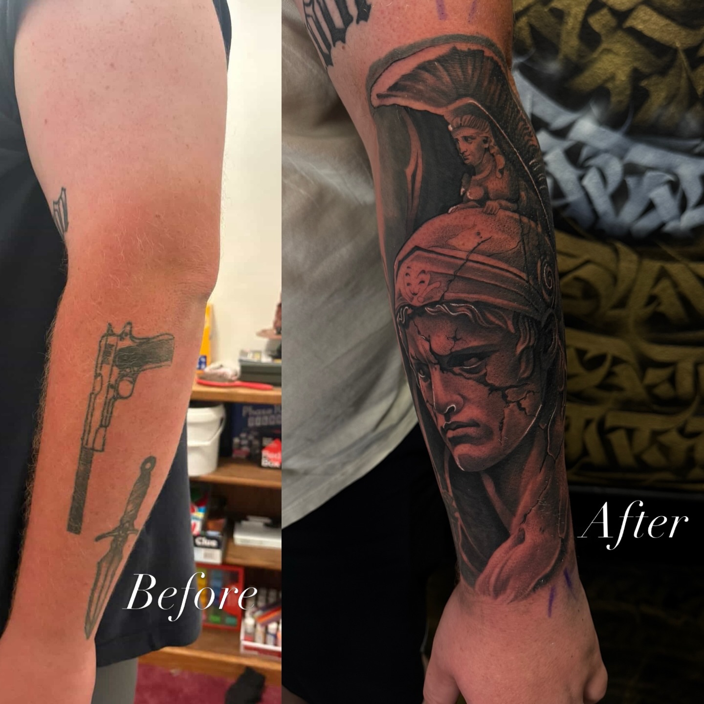 Warrior helmet and woman realism tattoo on the forearm by Fernando Luna