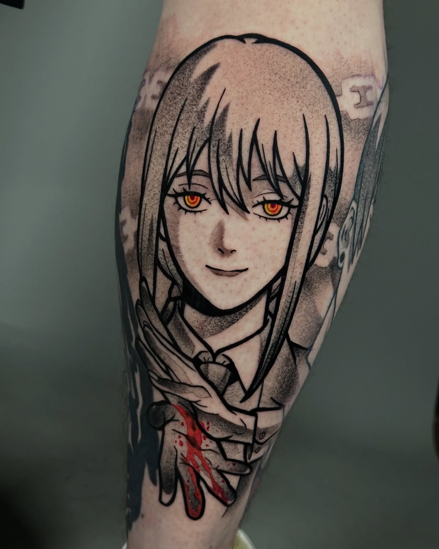 Anime character dotwork tattoo on the forearm by Dustin Hughes