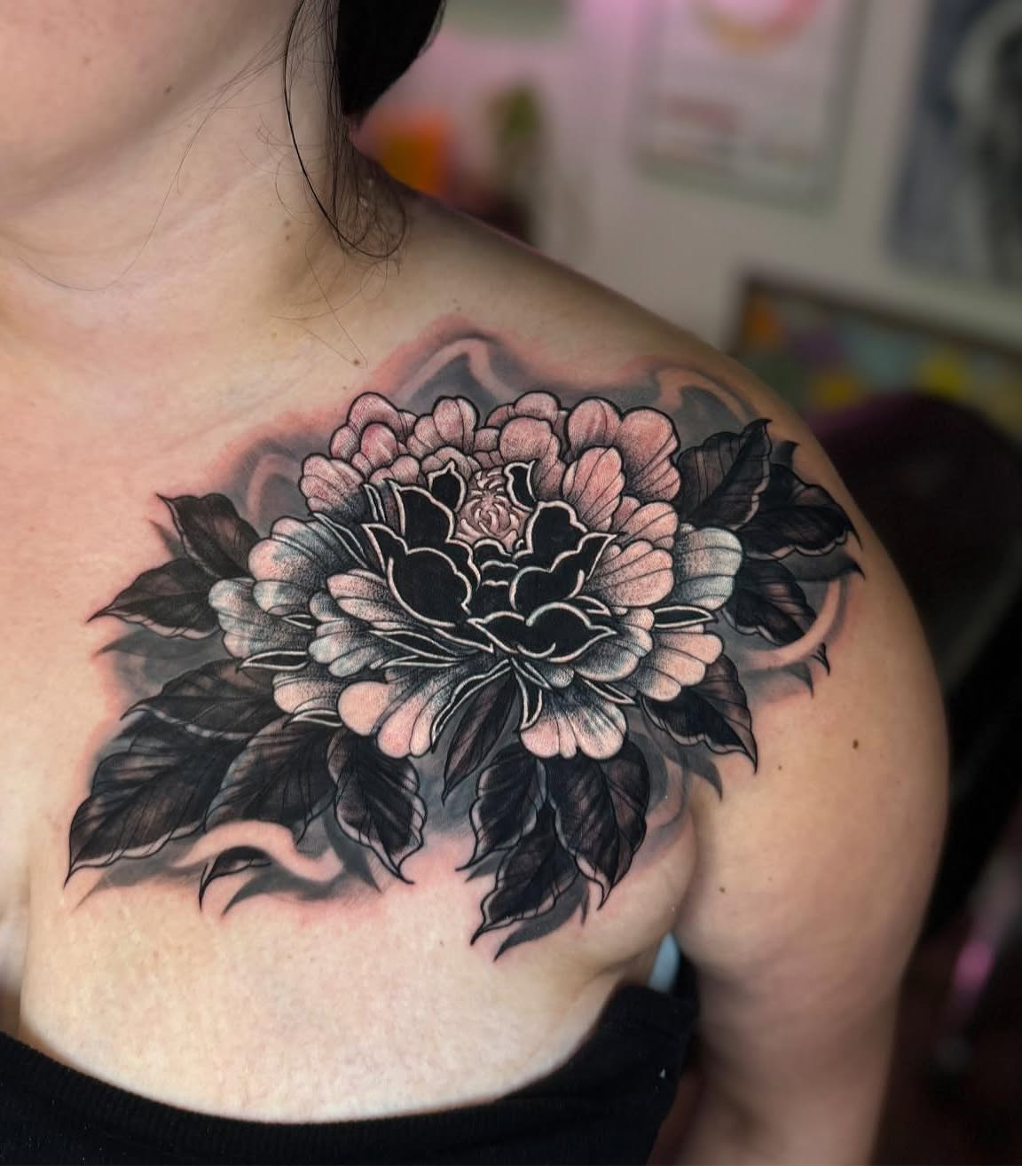 Peony black and grey tattoo on the shoulder by Chad Meado