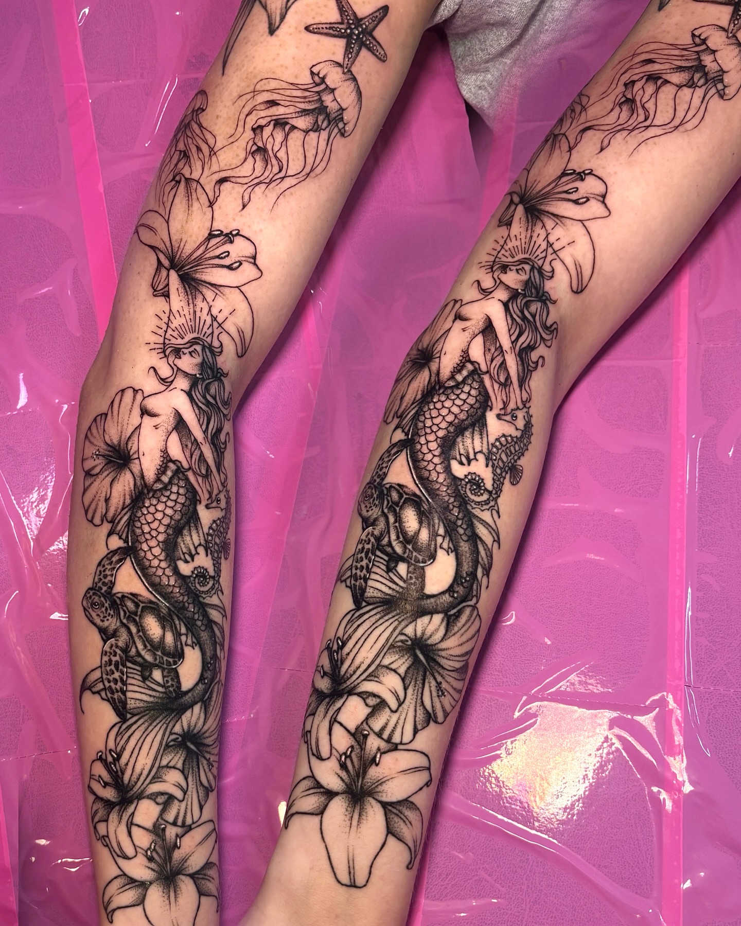 Mermaid and floral black and grey tattoo on the forearm by πππππππ ππππππ π¨πππππ