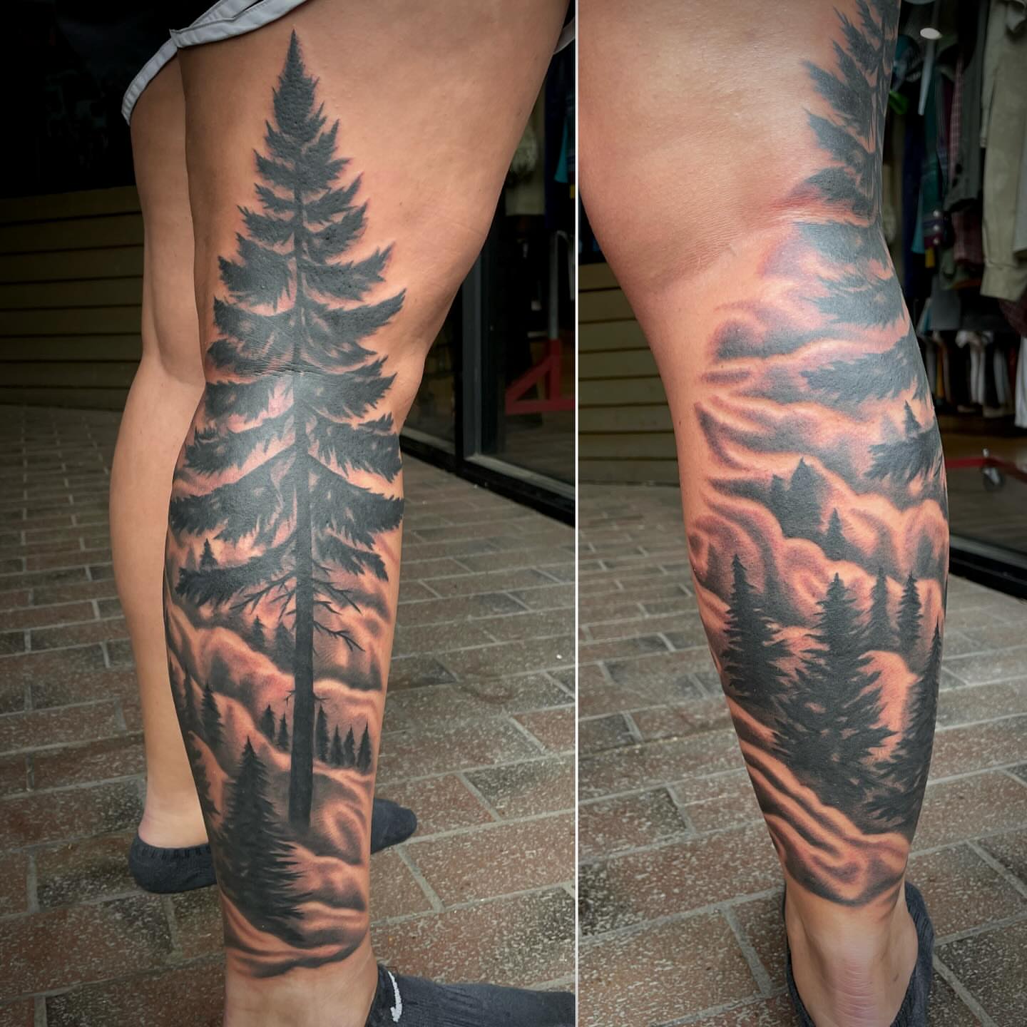 Pine trees realism tattoo on the calf by Mike Lachowicz
