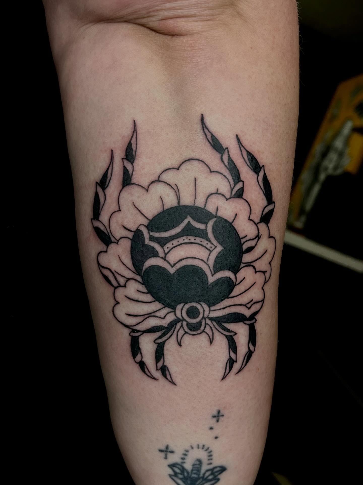Peony and crown American traditional tattoo on the forearm by Chase Healey, Salt Lake City, Utah
