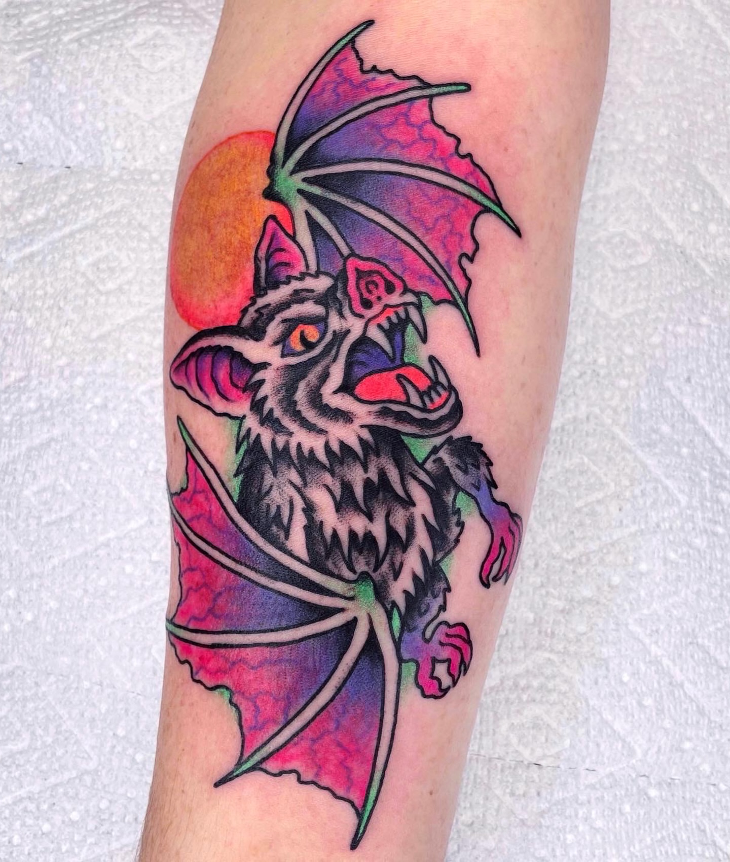 Bat new school tattoo on the forearm by Randy Conner, Portland, Oregon
