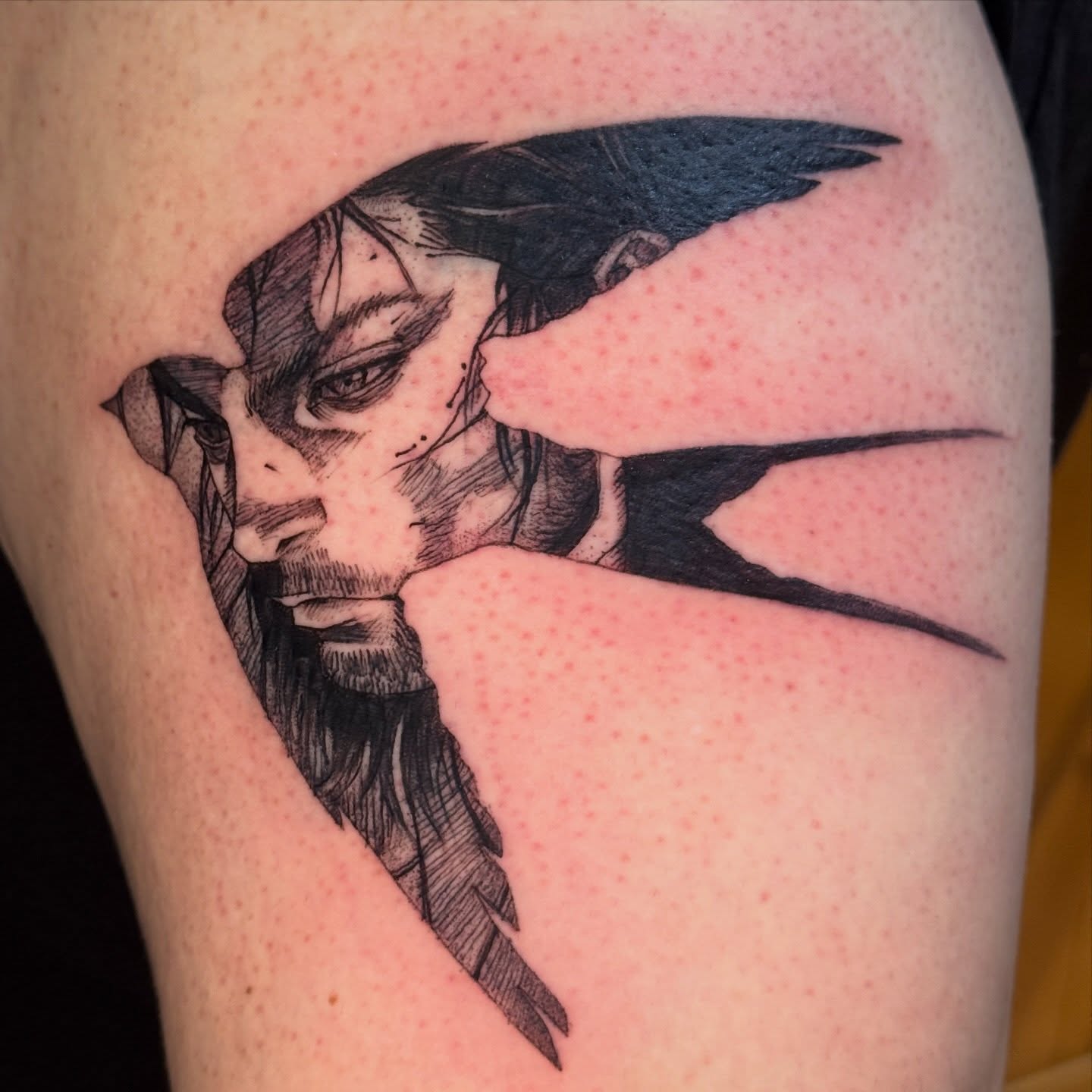 Man with wings realism tattoo on the thigh by ink by kimmy ☾⋆⁺₊⋆