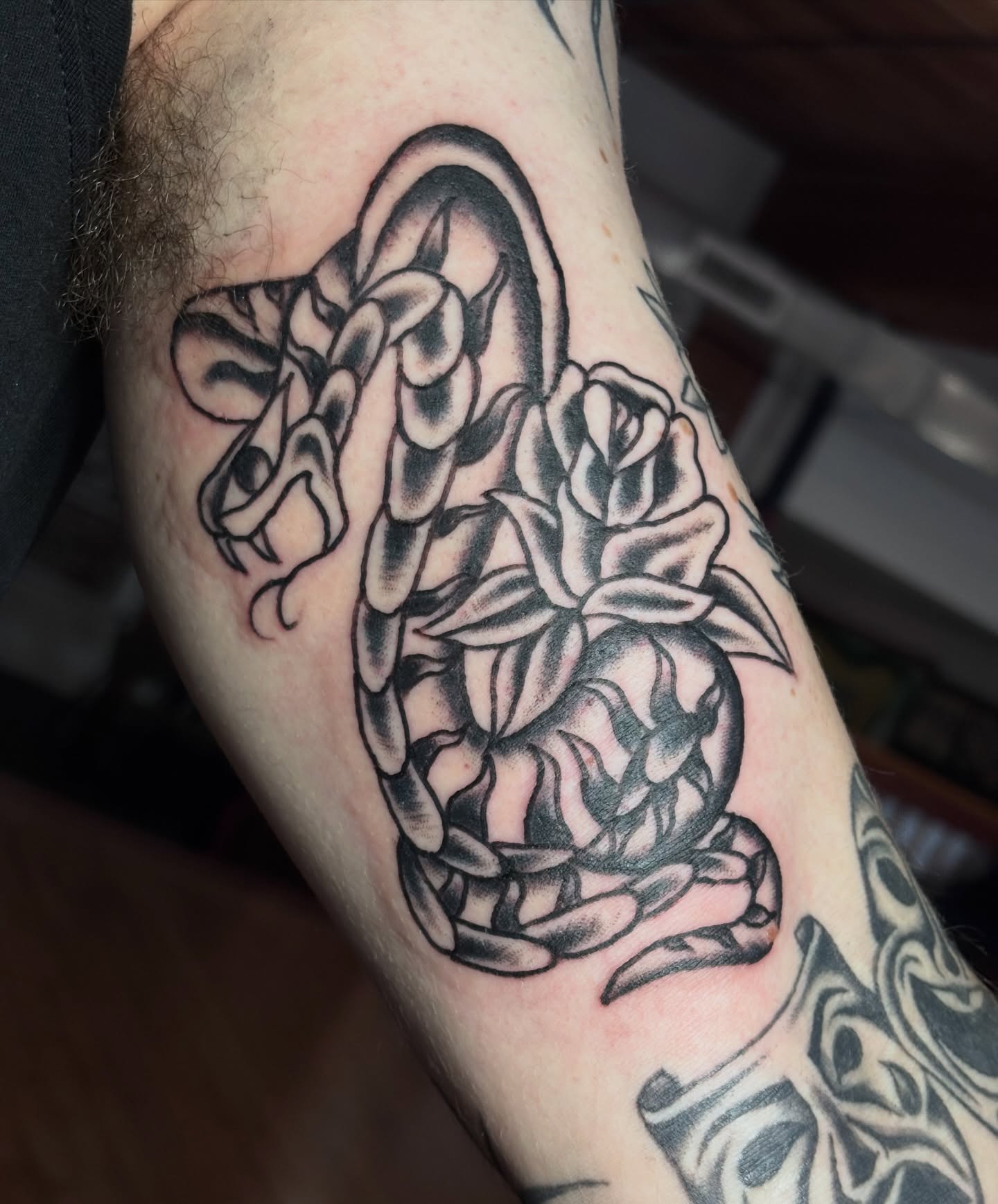 Snake and roses black and grey tattoo on the forearm by Providence Tattooer