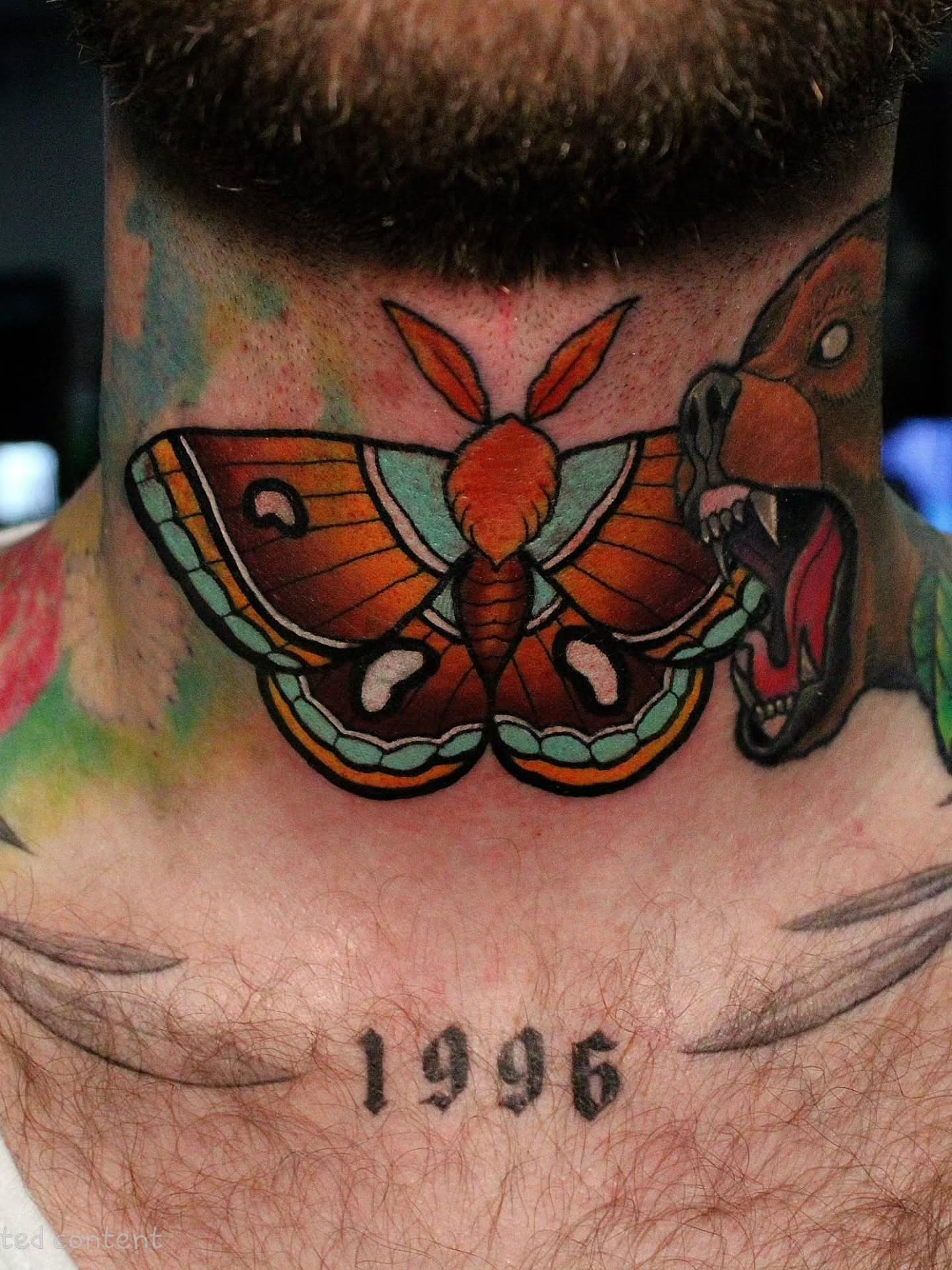 Butterfly realism tattoo on the neck by Joey Vinci, Phoenix, Arizona