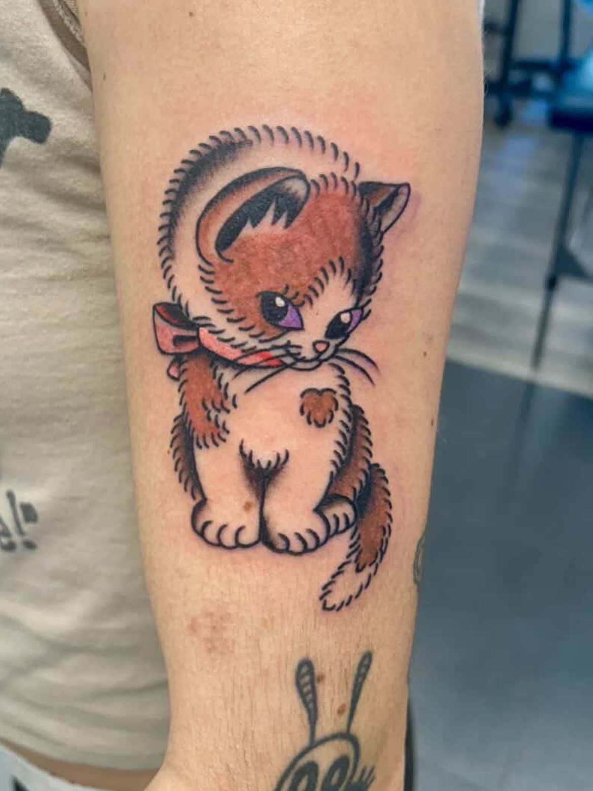 Kitten American traditional tattoo on the forearm by Tawni Bender