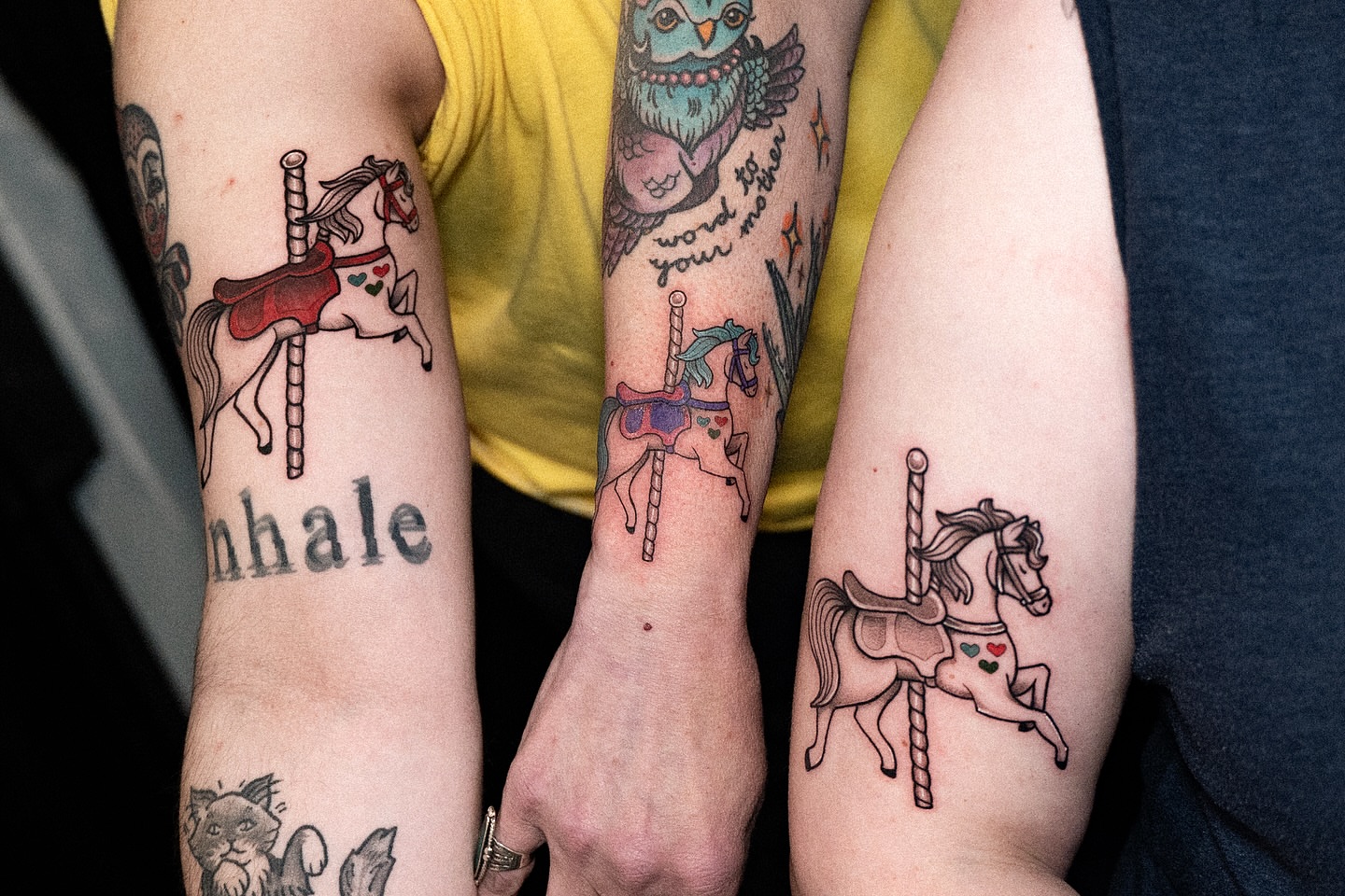 Carousel horse American traditional tattoo on the forearm by Kalin, Seattle, Washington