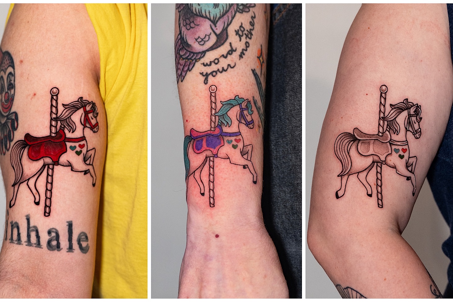 Carousel horse American traditional tattoo on the forearm by Kalin, Seattle, Washington
