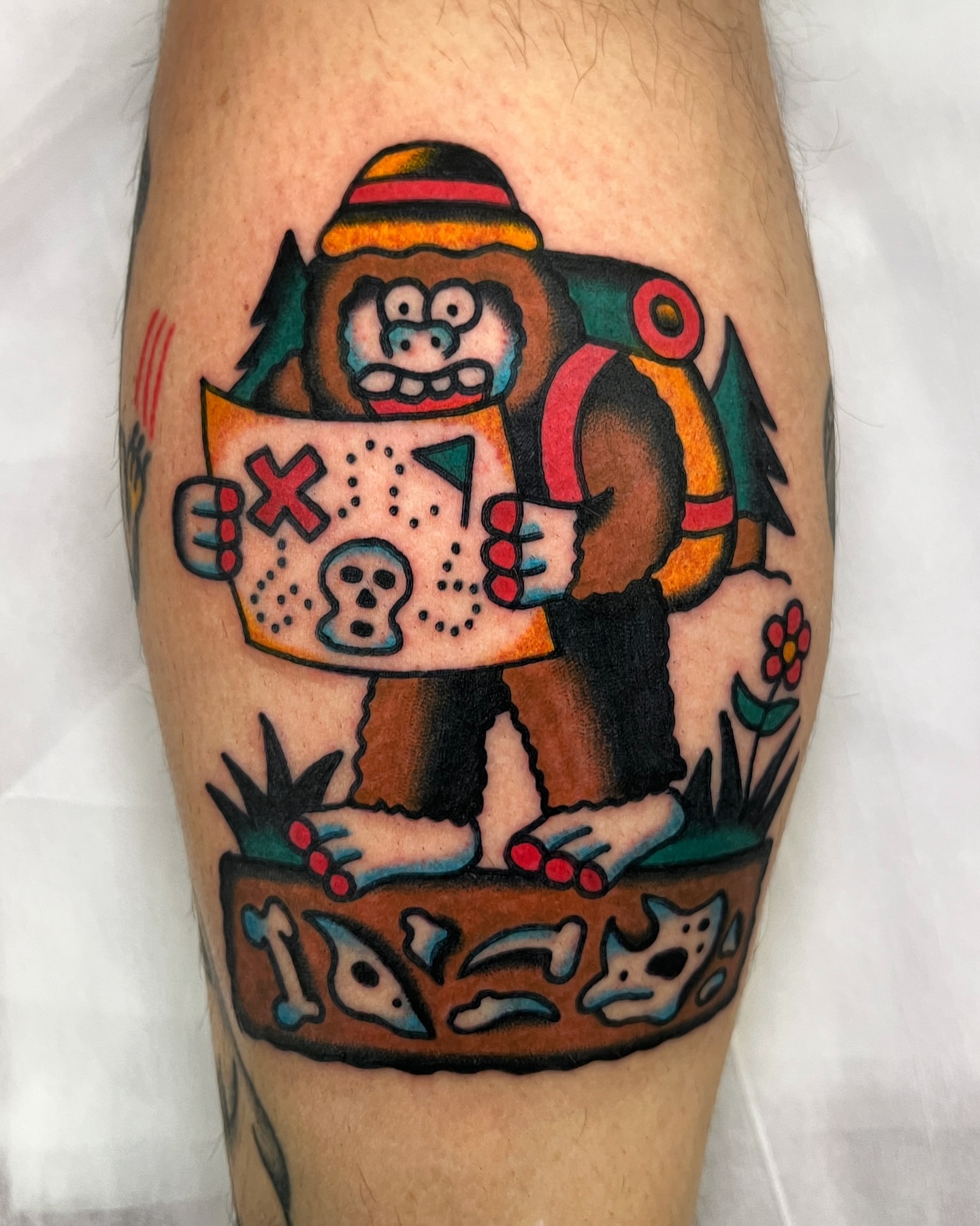 Monkey with treasure map American traditional tattoo on the forearm by Tattoo Dust ☻ Los Angeles