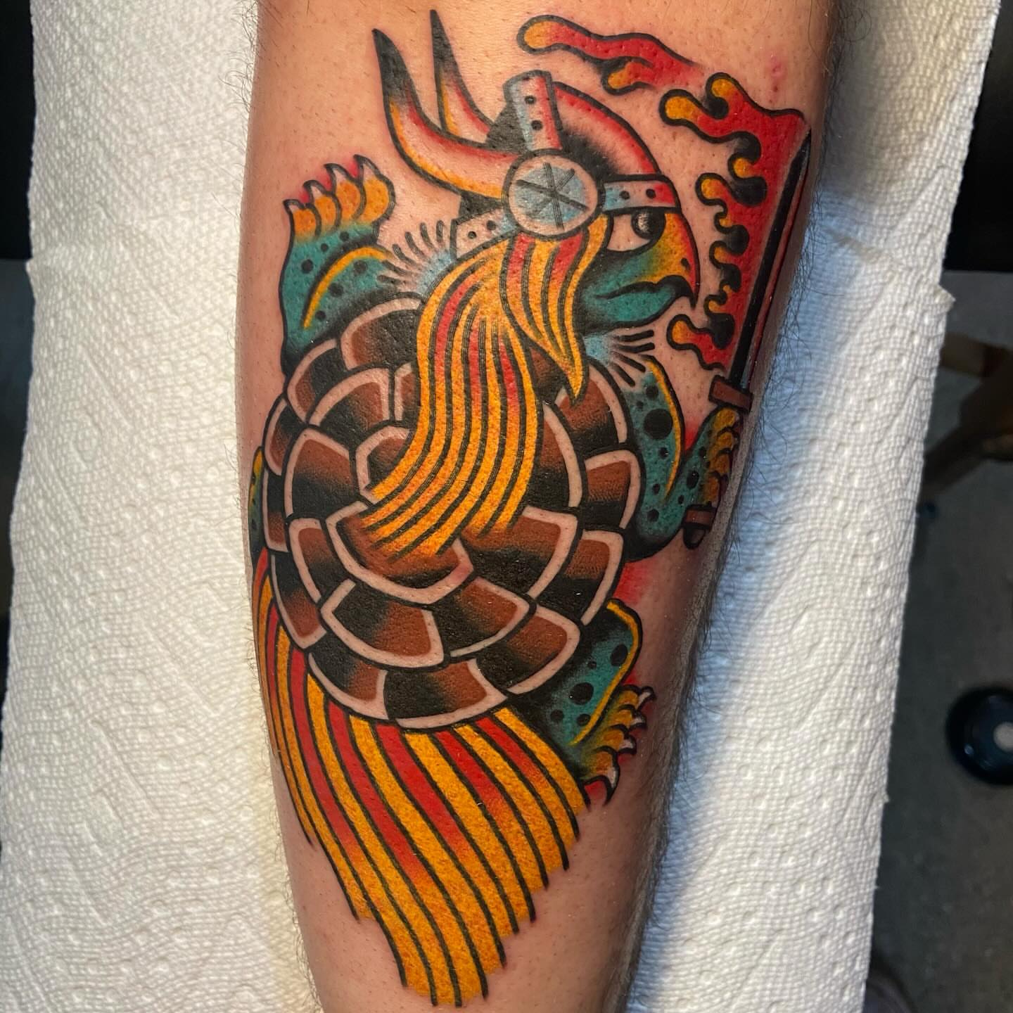 Viking warrior American traditional tattoo on the forearm by Anthony Jaeger, Seattle, Washington