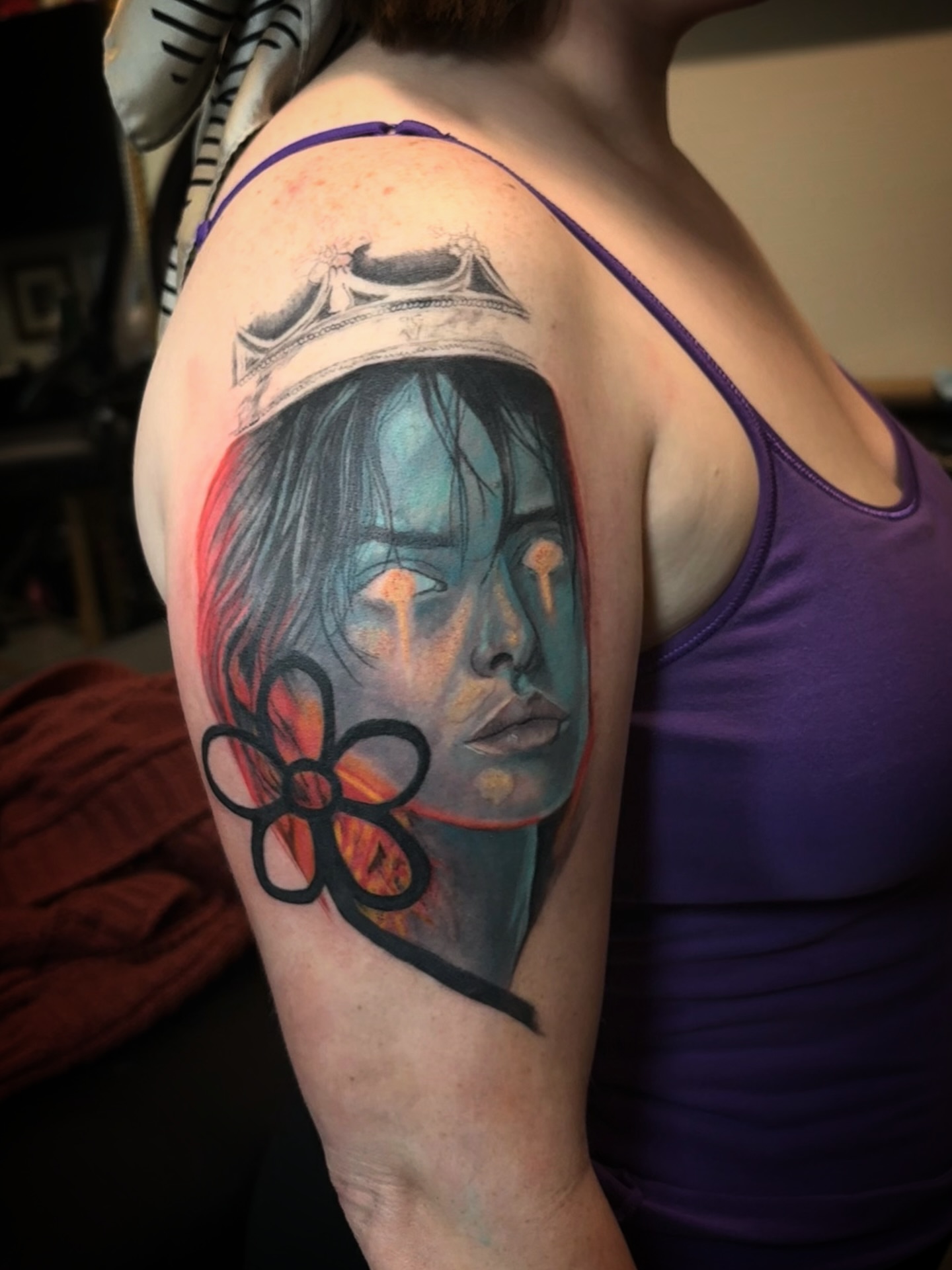 Portrait with crown realism tattoo on the shoulder by Love 🥀 222