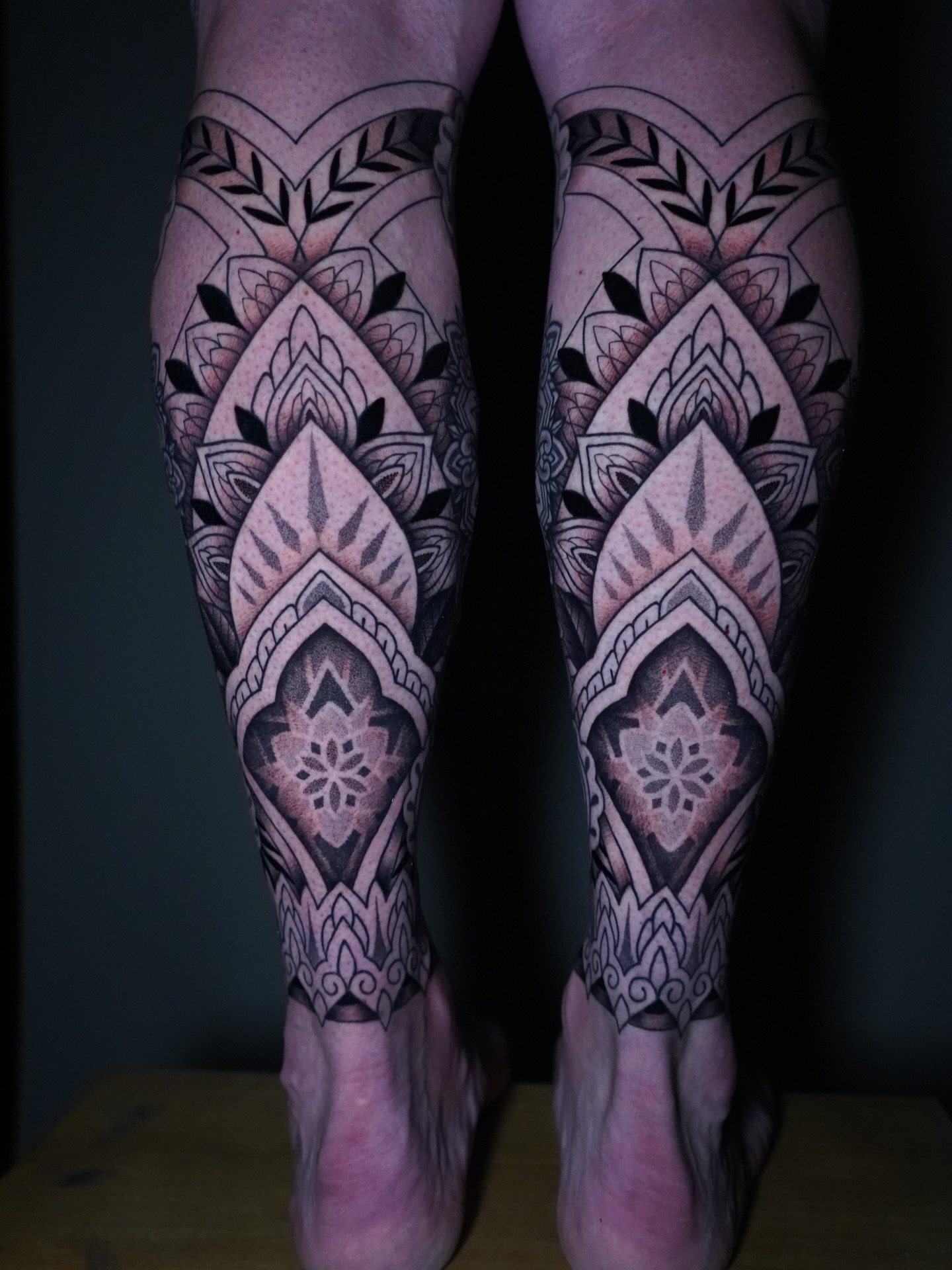 Geometric mandala geometric tattoo on the calf by Jason Call