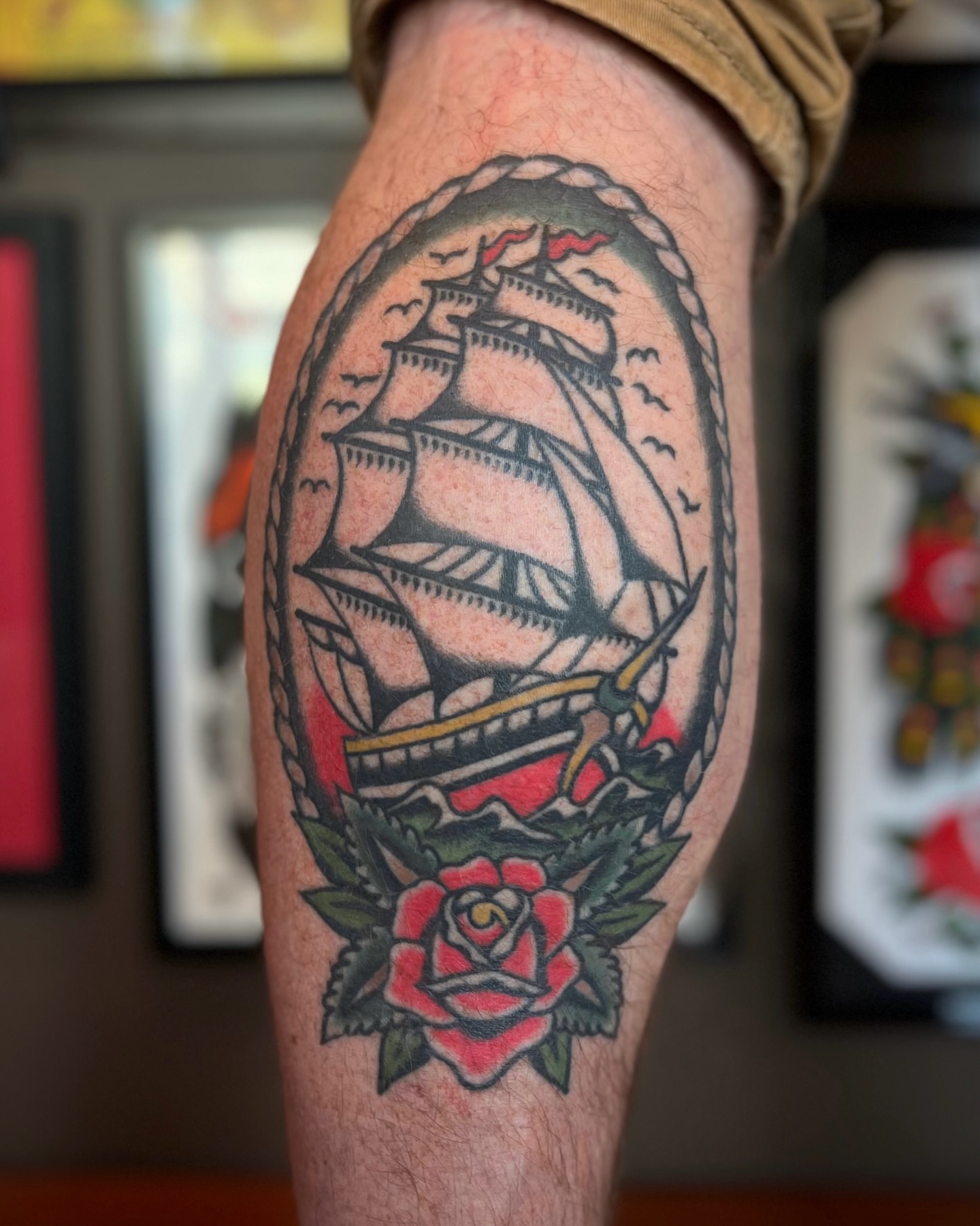 Ship and rose American traditional tattoo on the forearm by Brian Visser