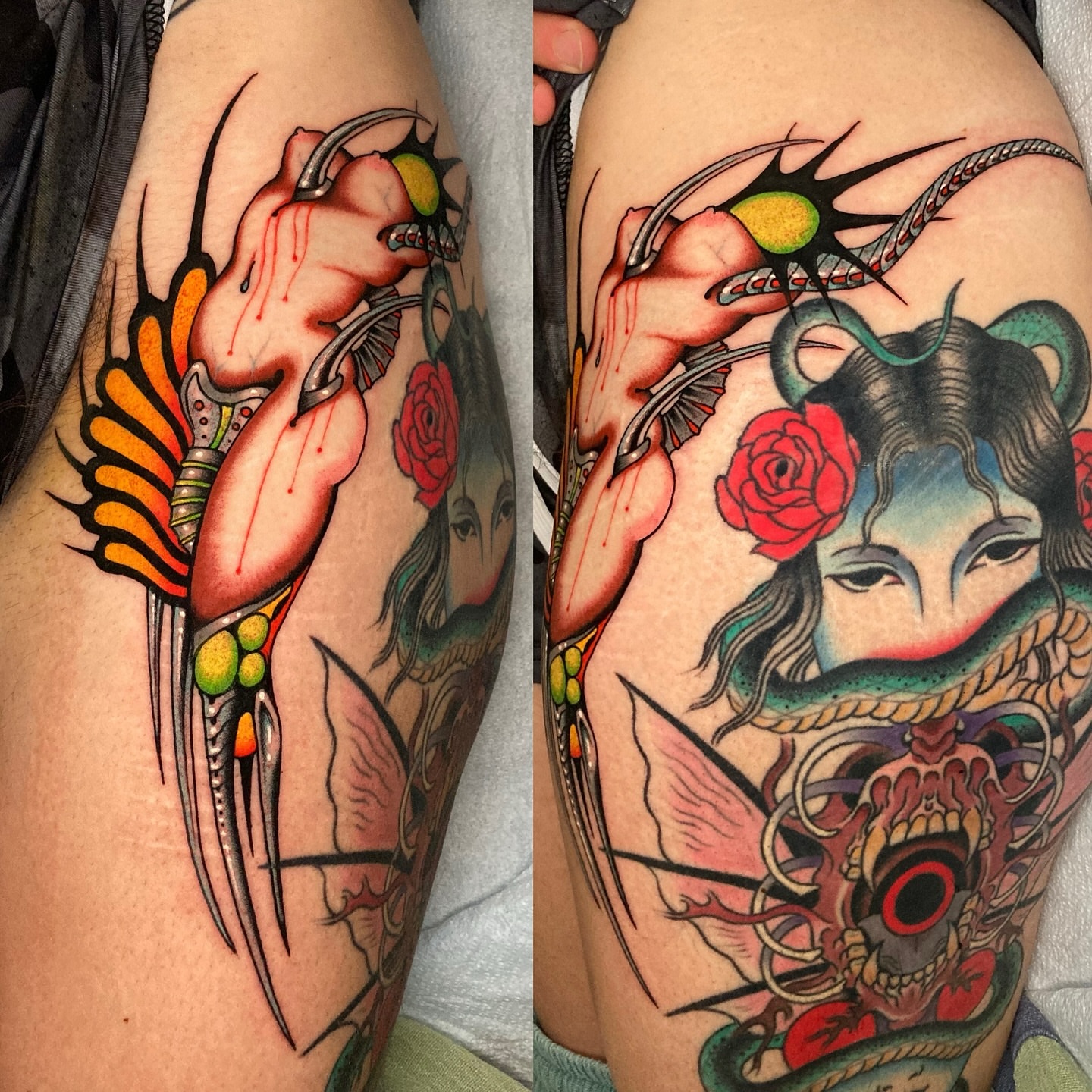 Woman with dragon American traditional tattoo on the thigh by 🌴Nick Hetzel🌴, Saint Petersburg, Florida