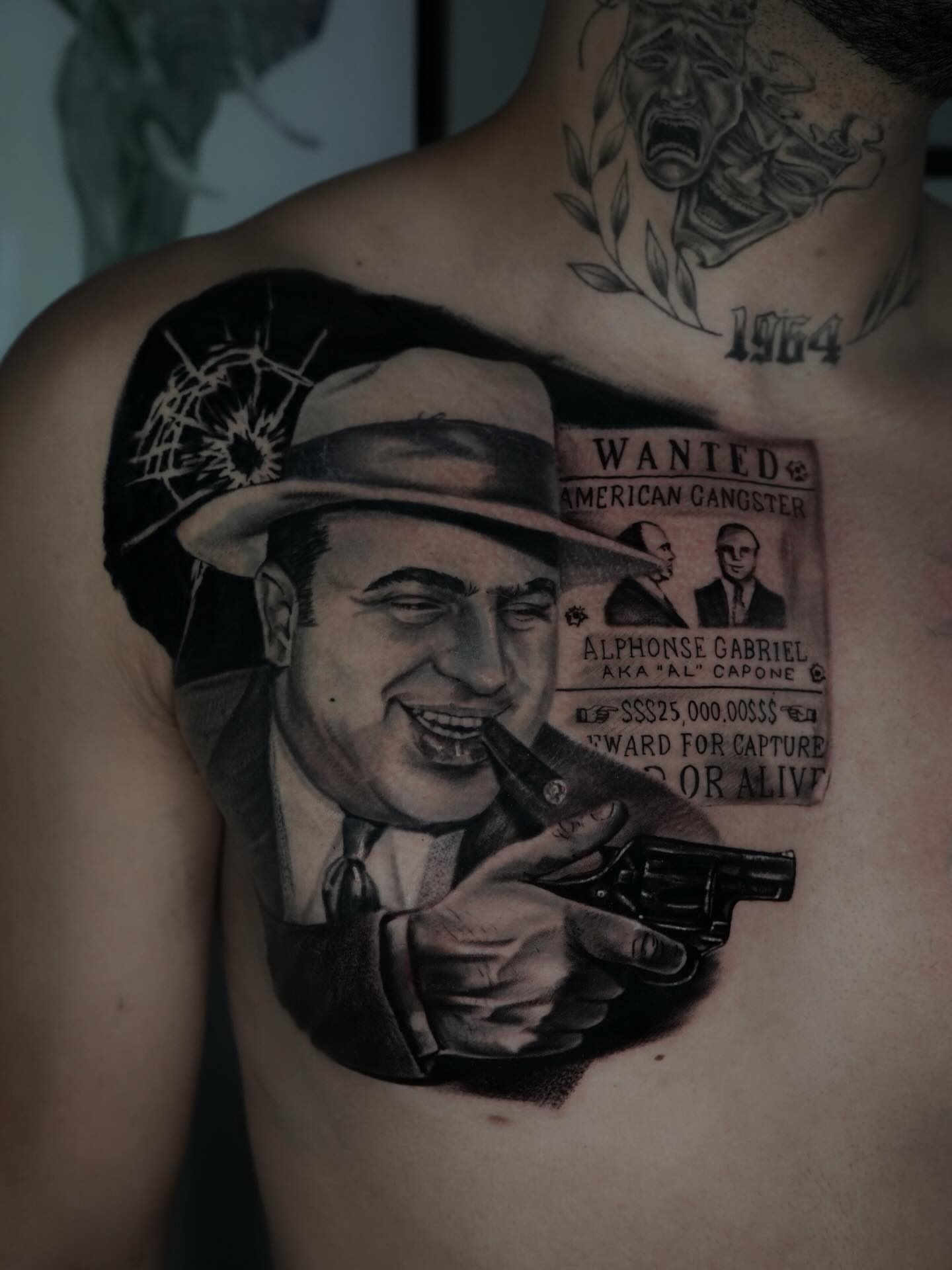 Al Capone realism tattoo on the chest by Carlos Trujillo