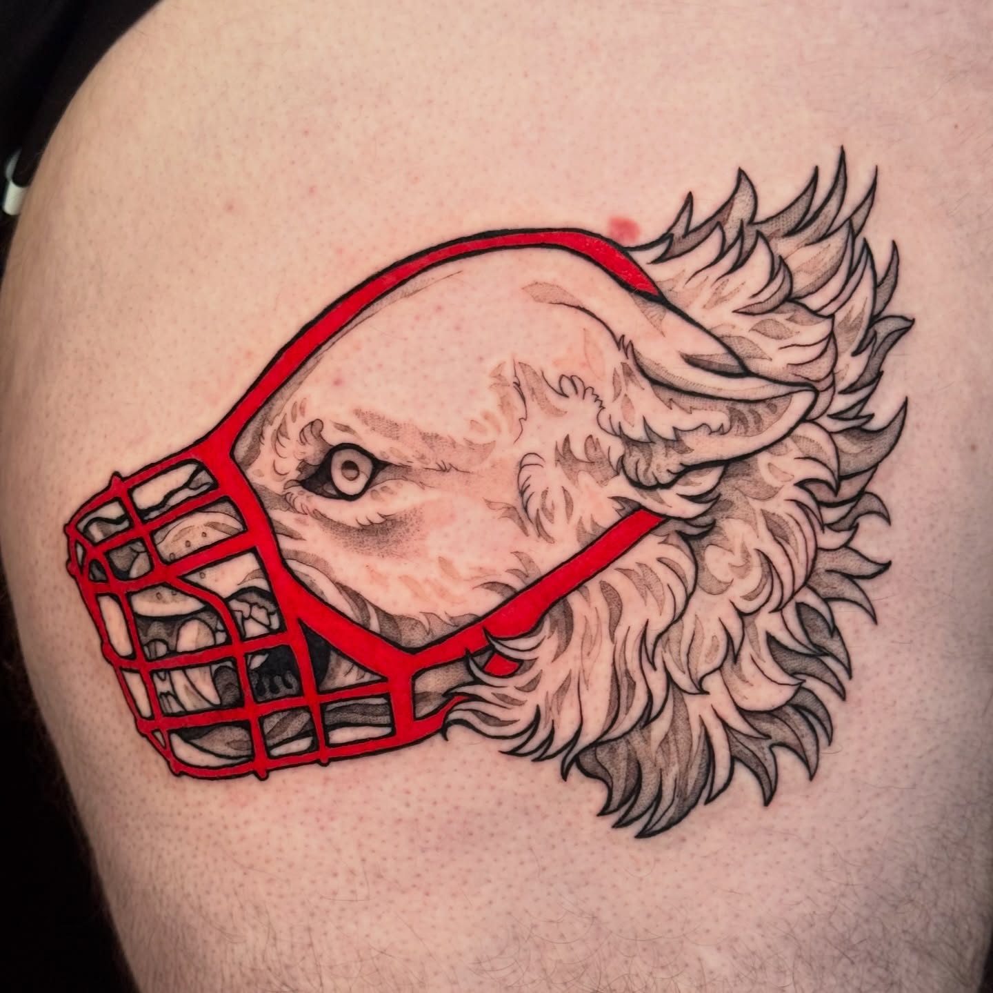 Goat wearing hockey mask realism tattoo on the thigh by Yasemin πΉπ·π¬π§ San Jose based tattoo artist