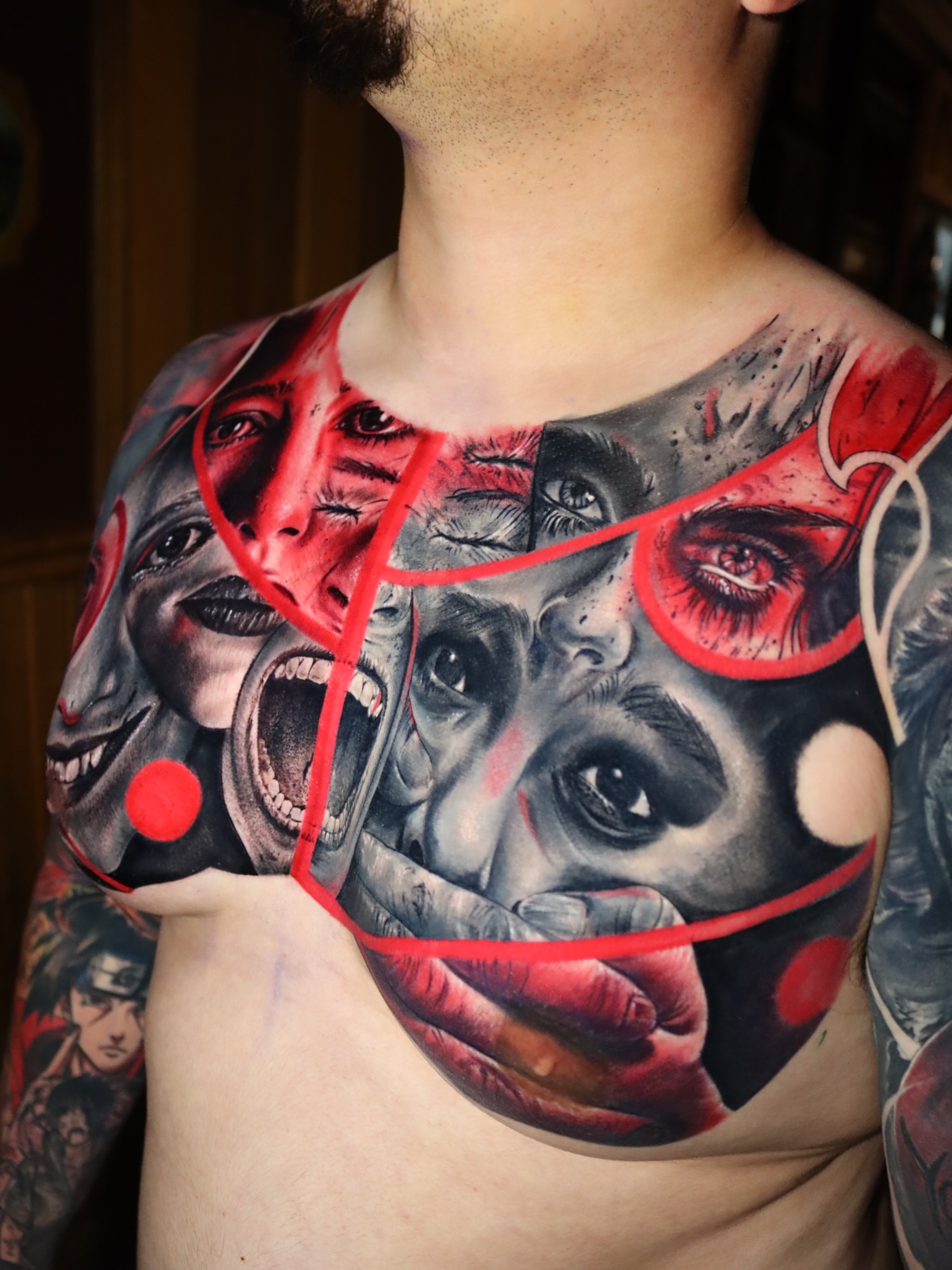 Joker realism tattoo on the chest by Gary Barrera