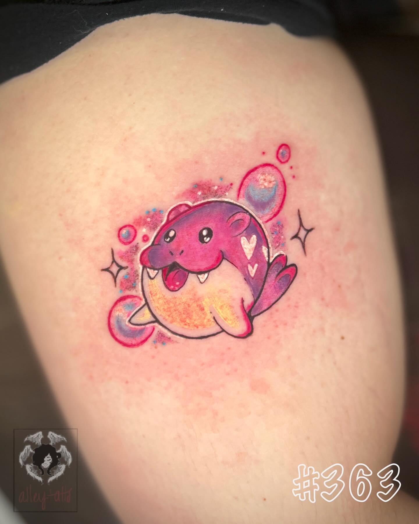 Chibi whale watercolor tattoo on the shoulder by Alex