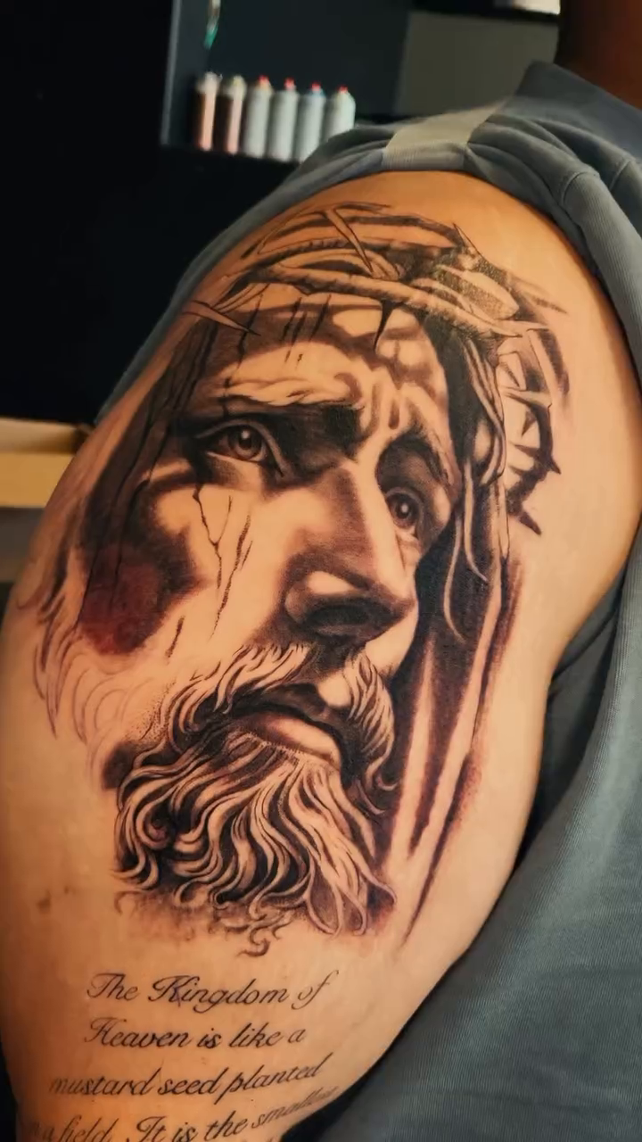 Jesus Christ portrait realism tattoo by Brenda Juarez - Tattoo Artist