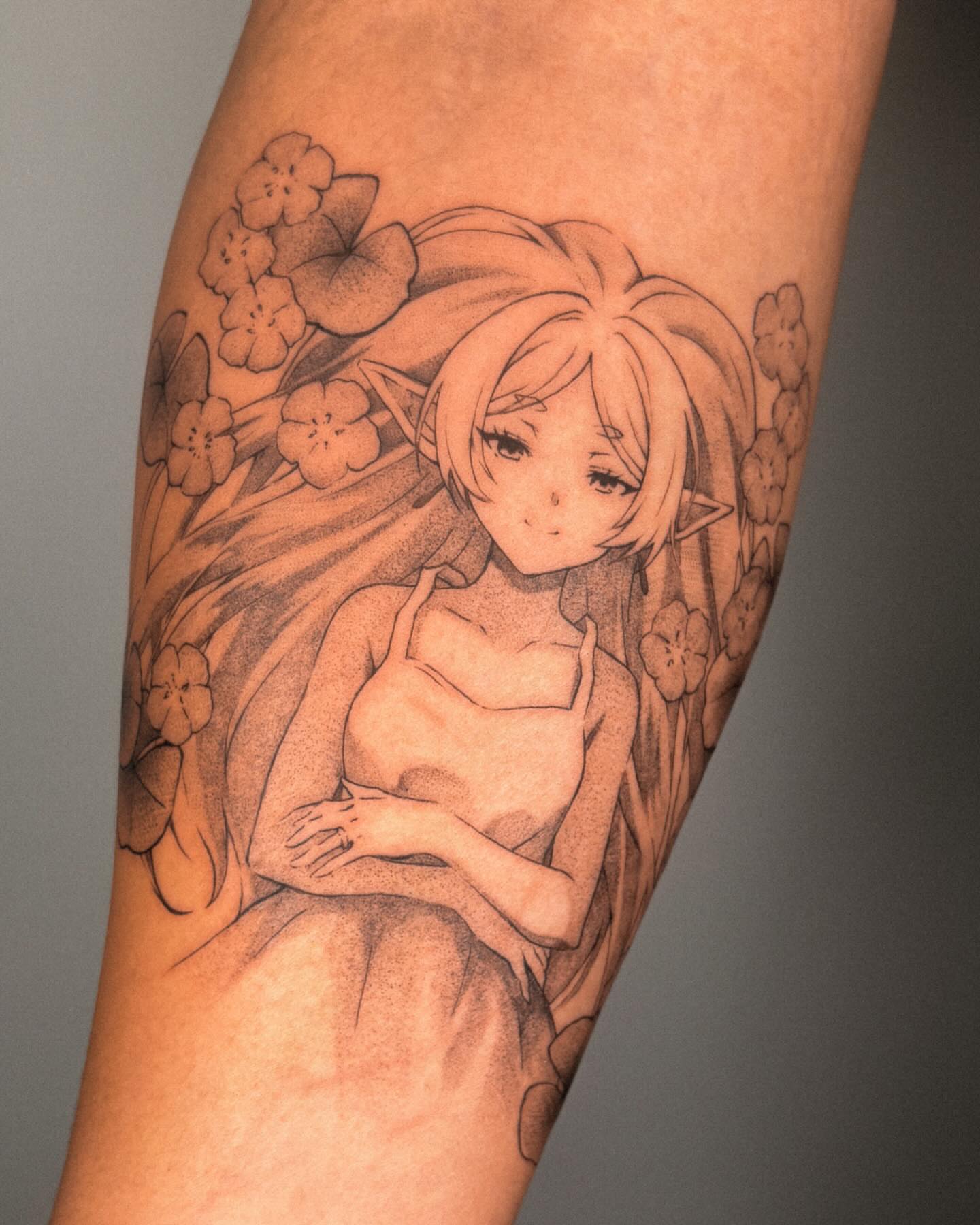 Anime girl with flowers dotwork tattoo on the forearm by ☆ gia