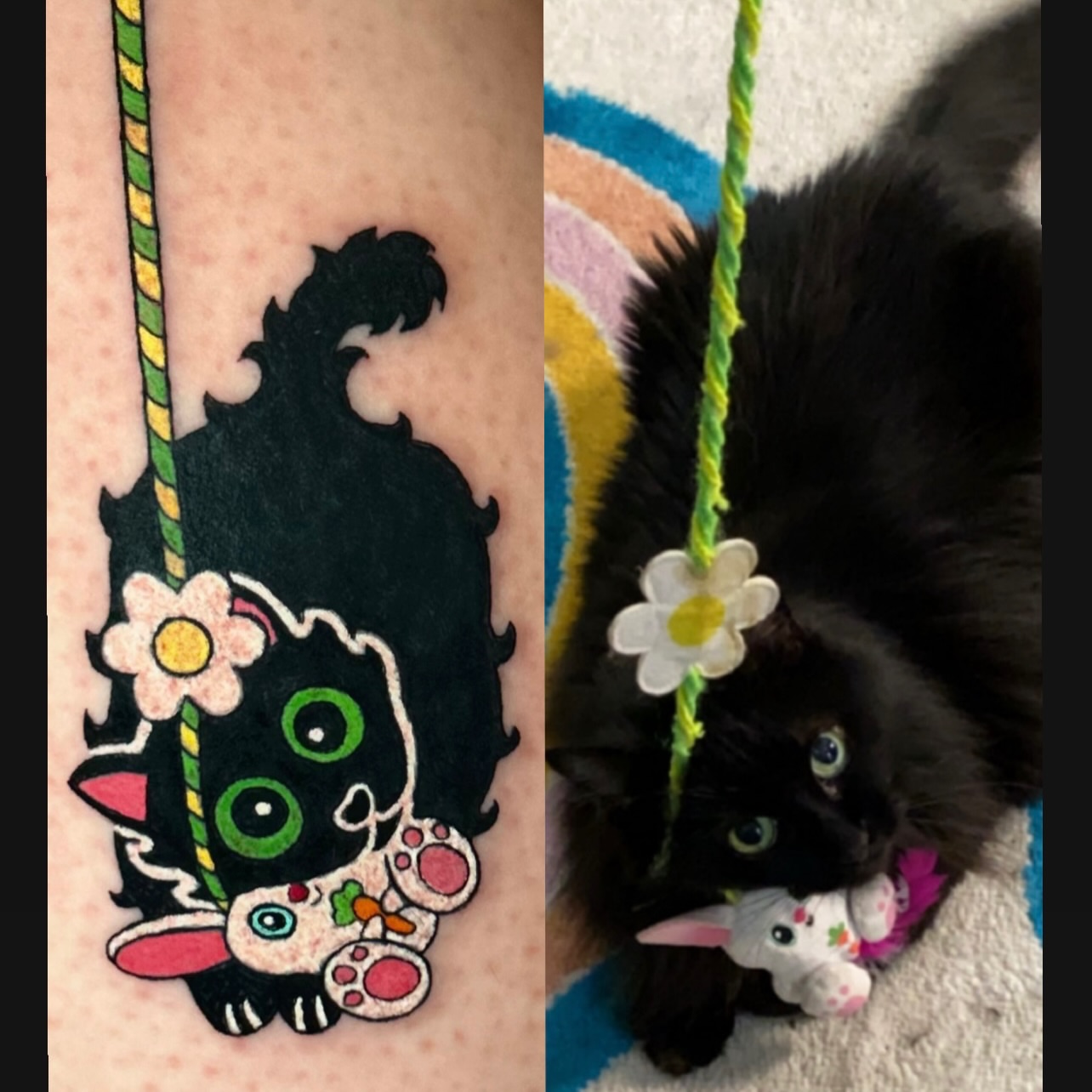 Cat on swing anime tattoo on the forearm by Tess
