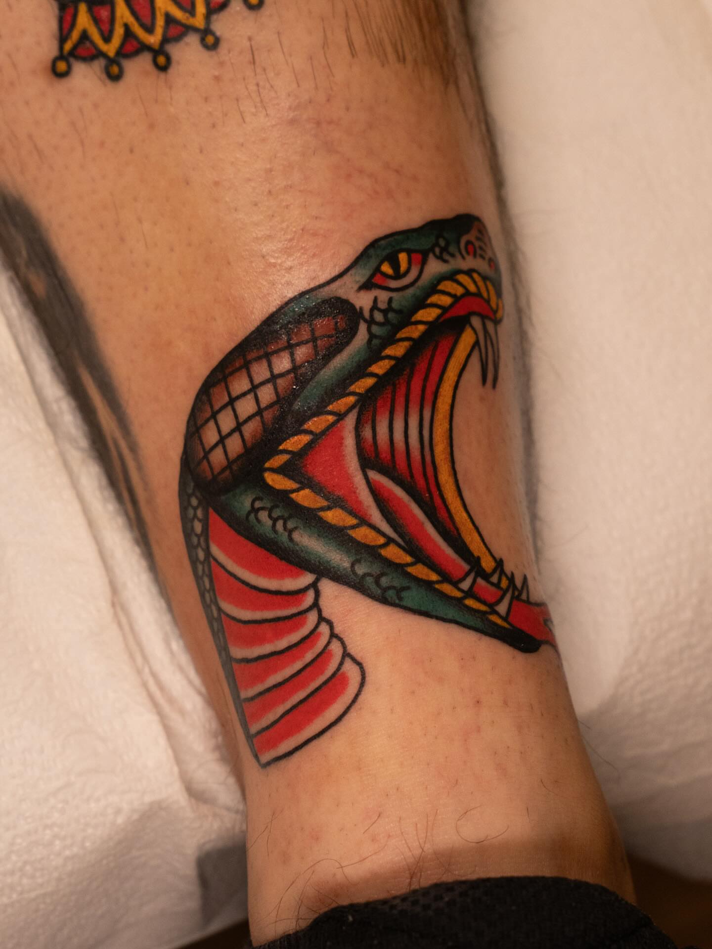 Snake American traditional tattoo on the forearm by Justin Rakowski