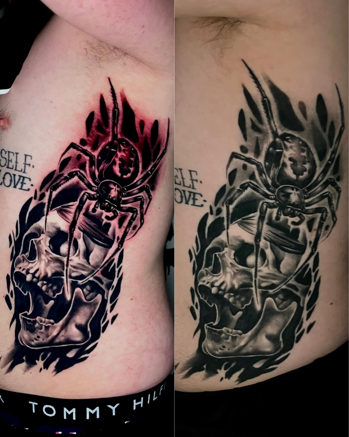 Spider and skull dark realism tattoo on the ribs by Nick Andrade Las Vegas Tattoo Artist
