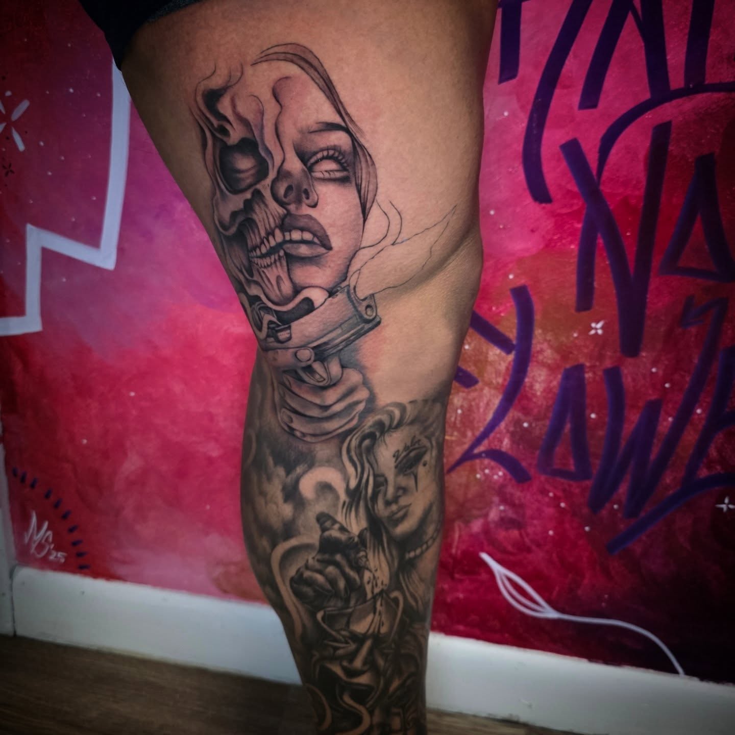 Woman with skull realism tattoo on the thigh by Matriix.Ink Tattoos, Groton, Connecticut
