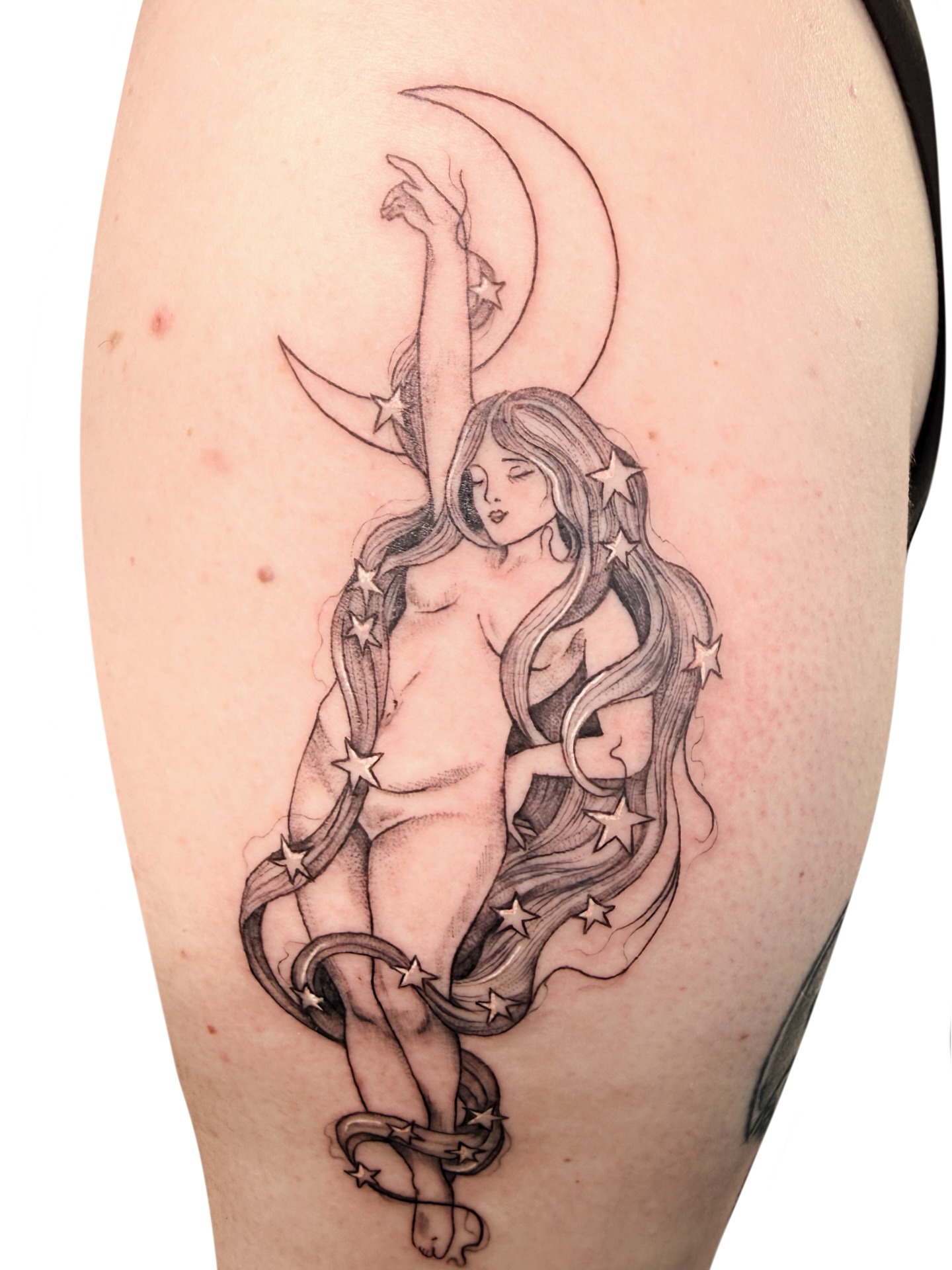 Nude woman with stars black and grey tattoo on the thigh by Fionna, Seattle, Washington
