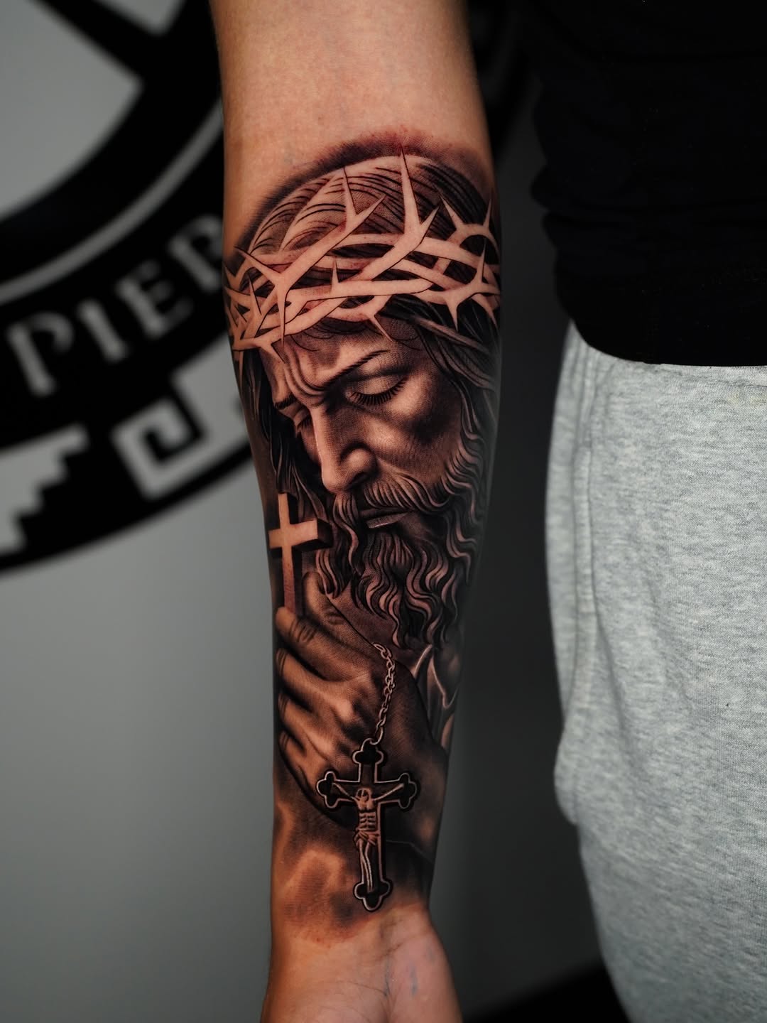 Chicano tattoo on the forearm by Salvador Saenz Jr, Dallas, Texas