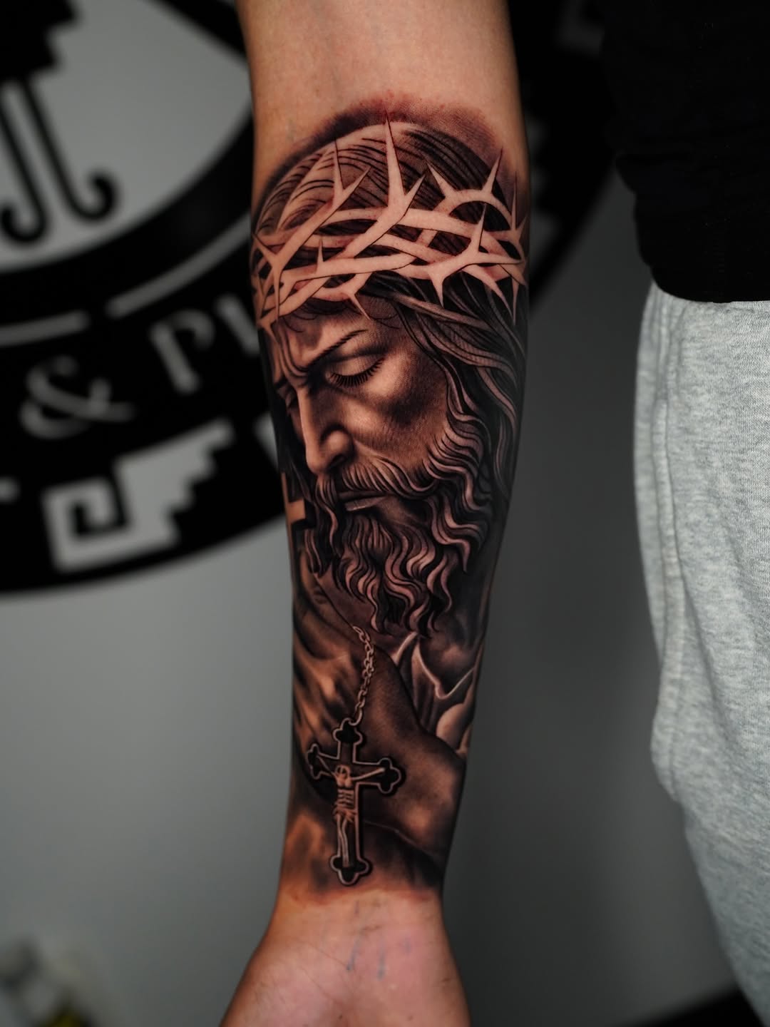 Chicano tattoo on the forearm by Salvador Saenz Jr, Dallas, Texas