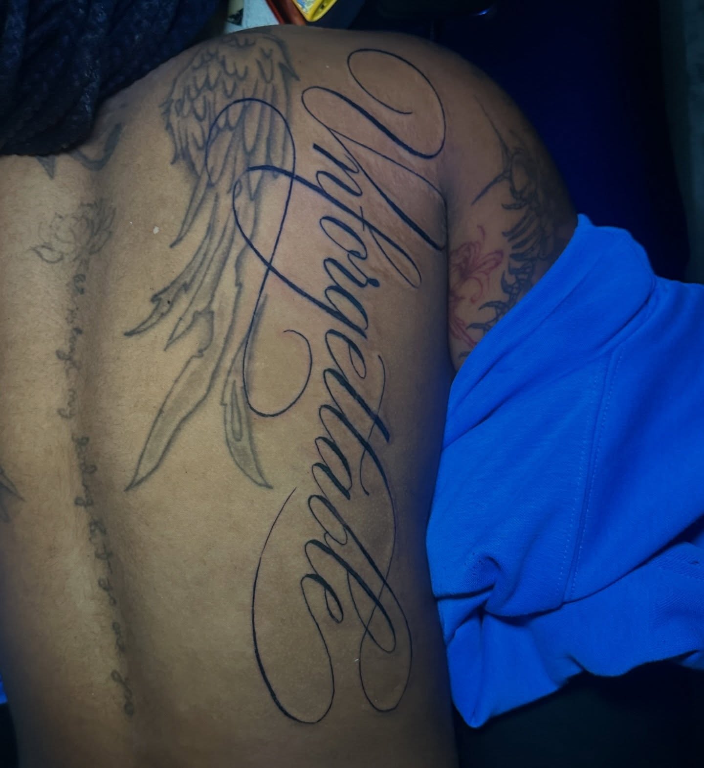 Script lettering lettering script tattoo on the thigh by @tattedbytuck
