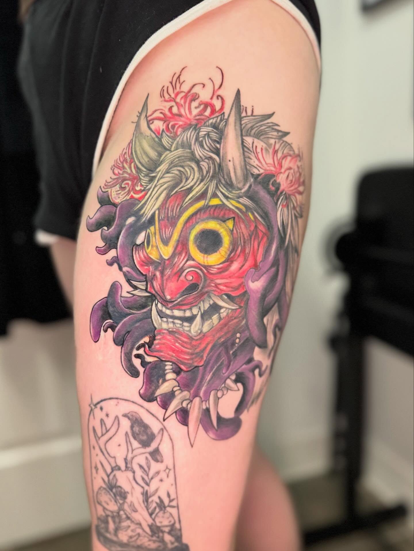 Demon mask japanese irezumi tattoo on the forearm by Vega