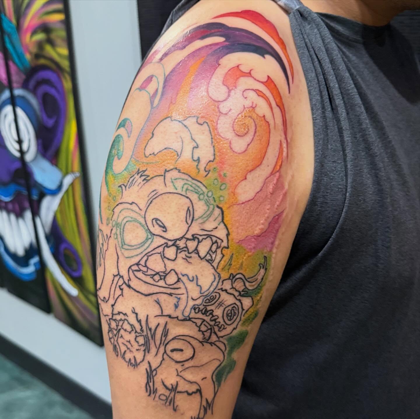 Skull and clouds dotwork tattoo on the shoulder by Devon Beyer, Mission, Kansas