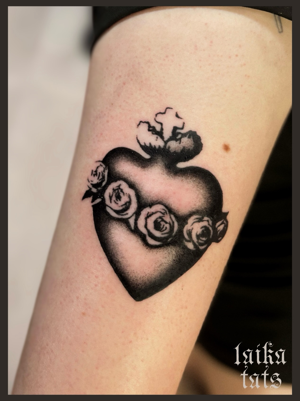 Heart with roses black and grey tattoo on the forearm by laika ✶ pdx tattoo, Portland, Oregon